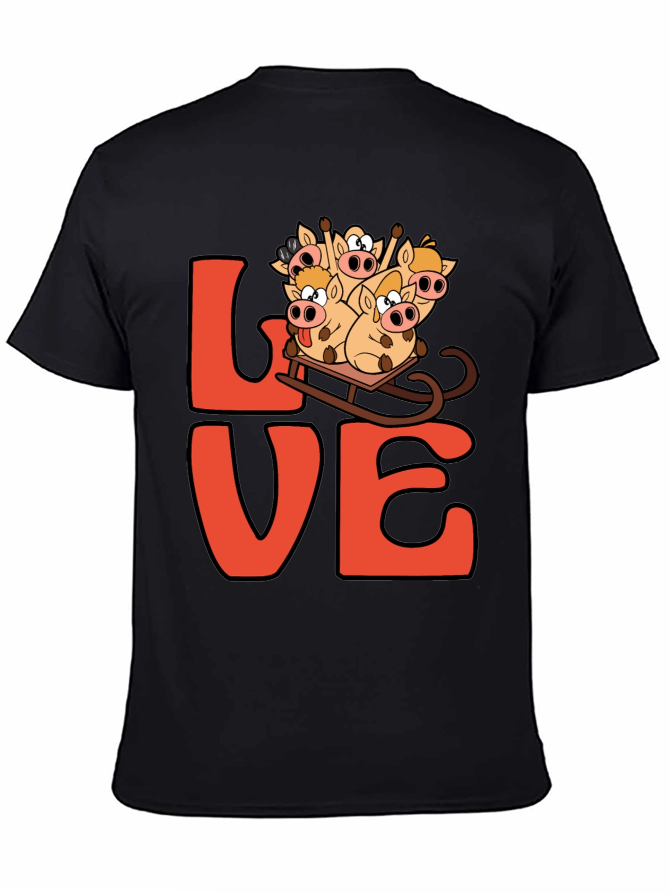 Love Pig Sled Black T-Shirt