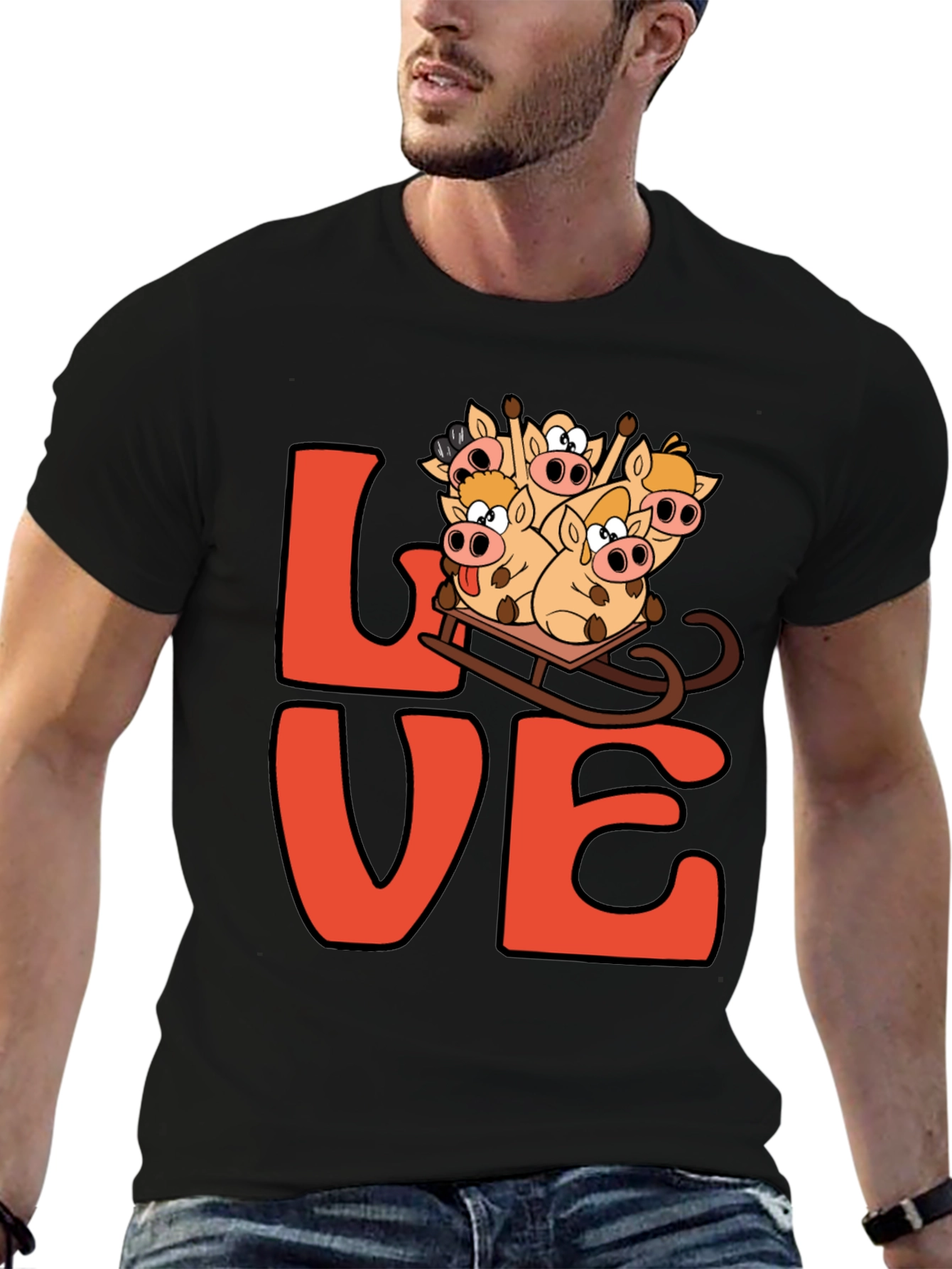 Love Pig Sled Black T-Shirt