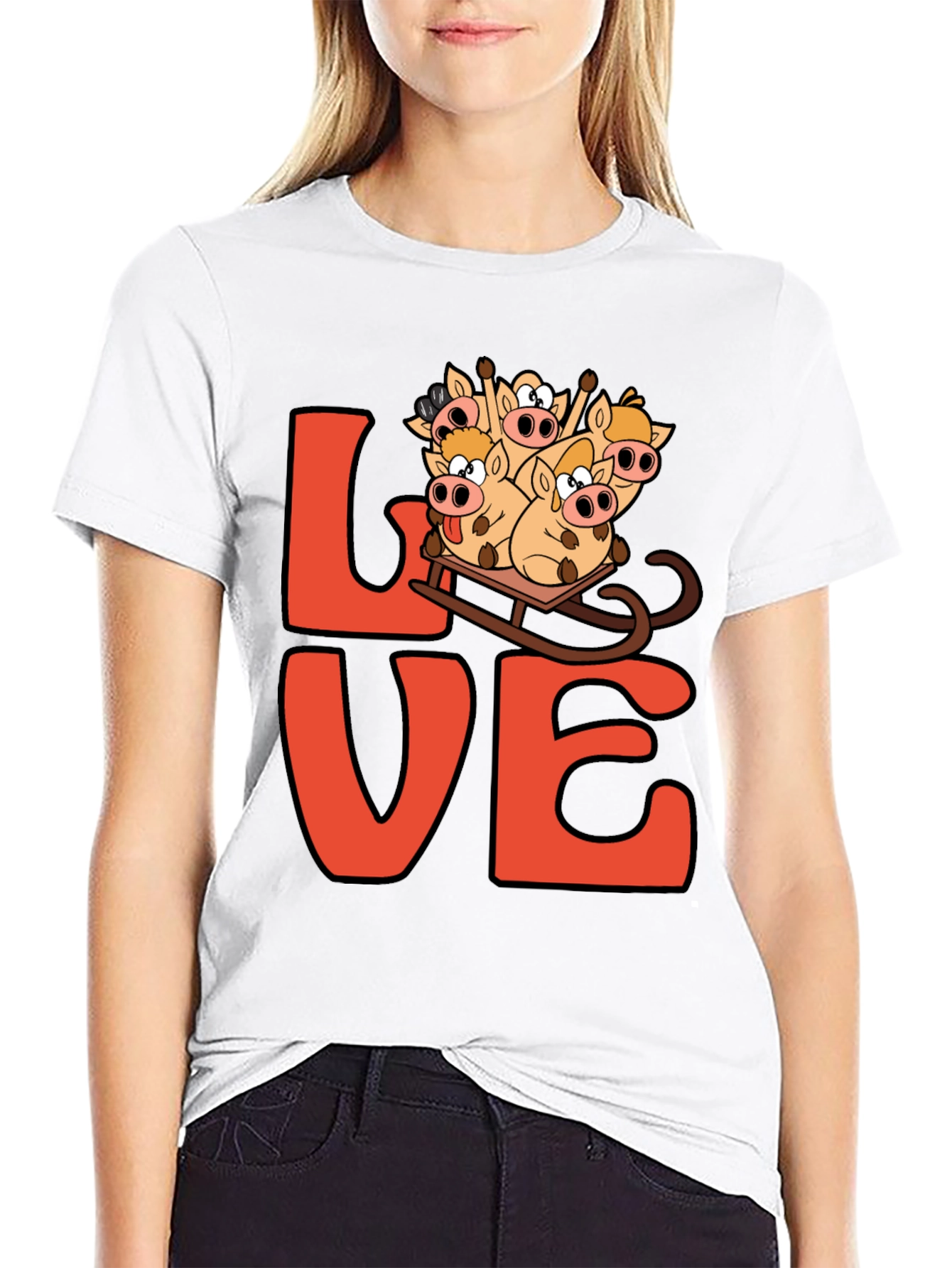 Love Pig Sled Black T-Shirt