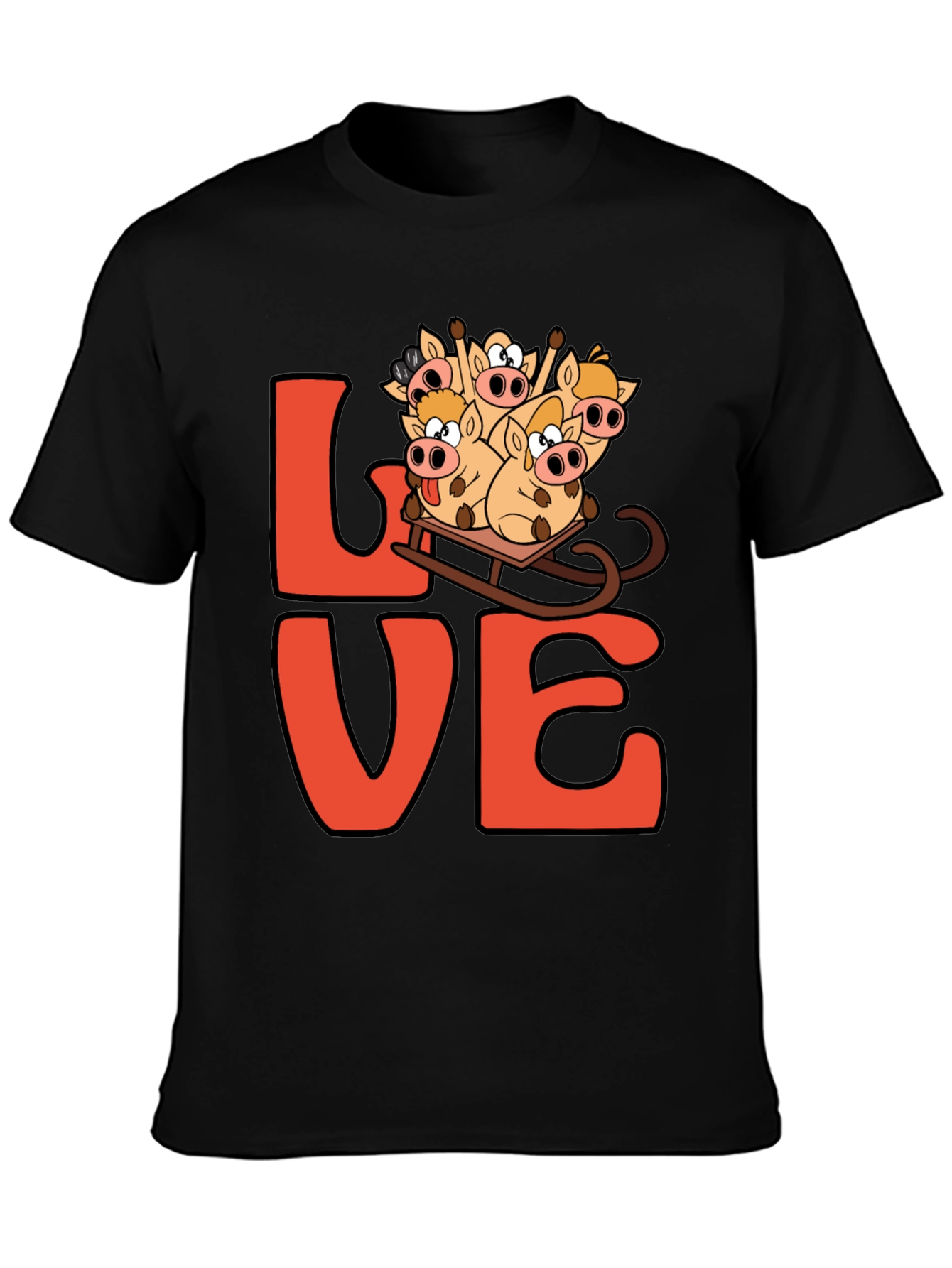 Love Pig Sled Black T-Shirt