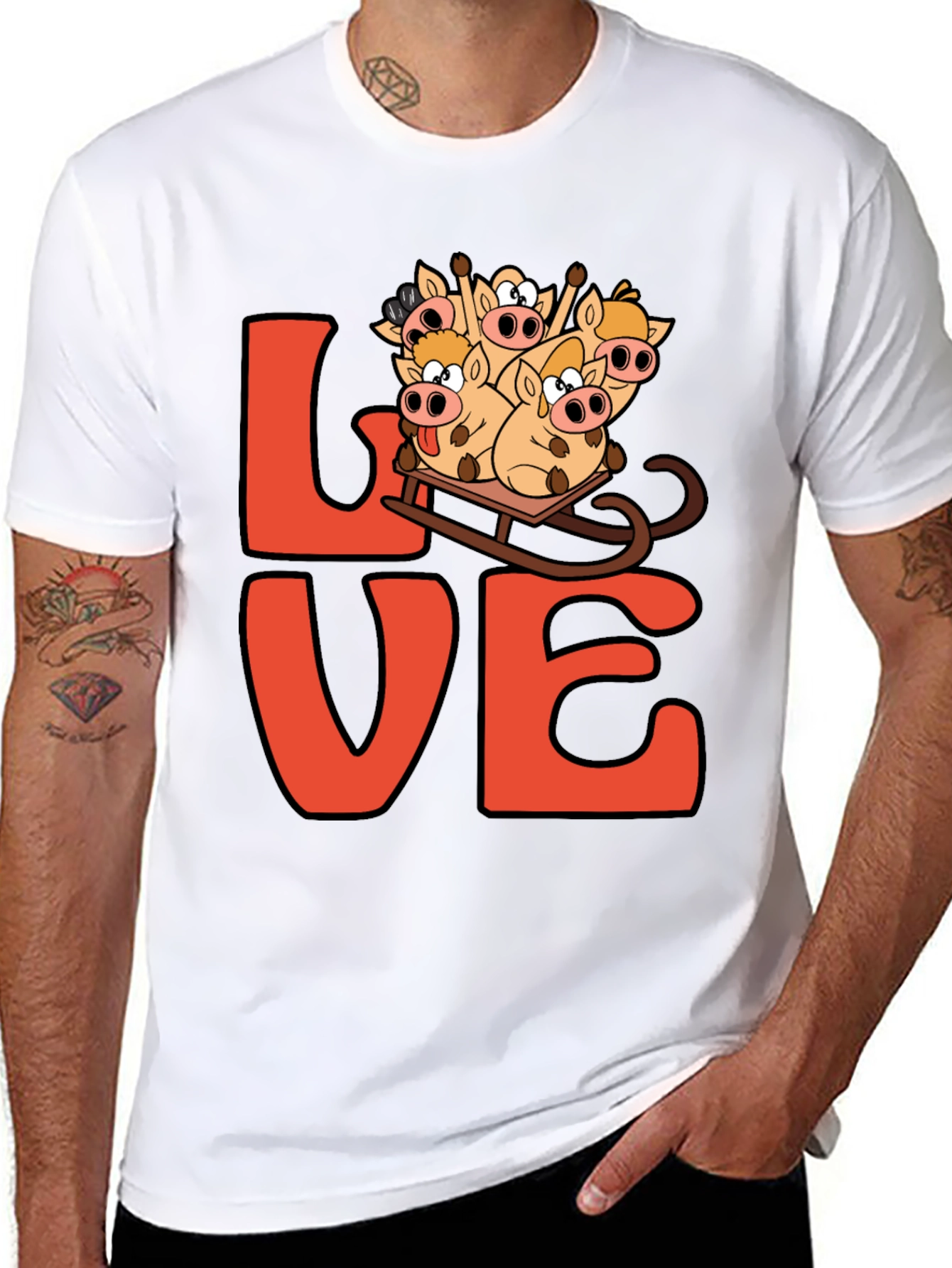 Love Pig Sled Black T-Shirt