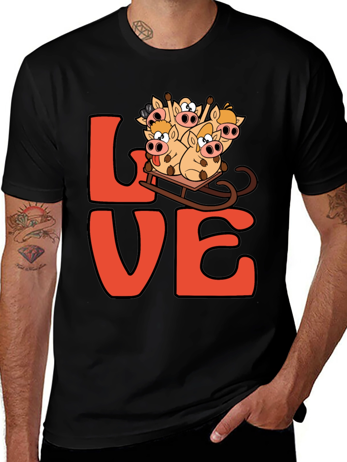 Love Pig Sled Black T-Shirt
