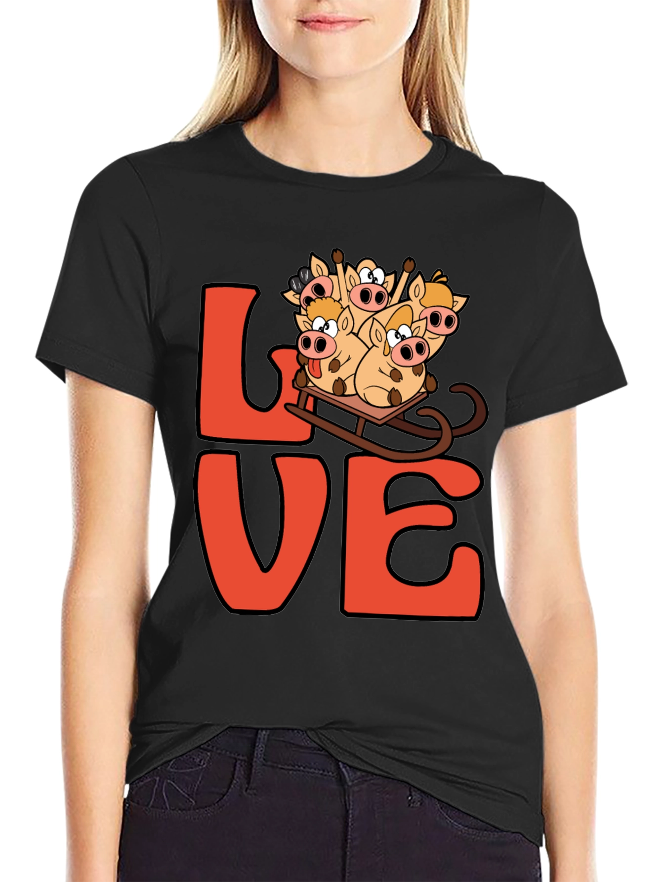 Love Pig Sled Black T-Shirt