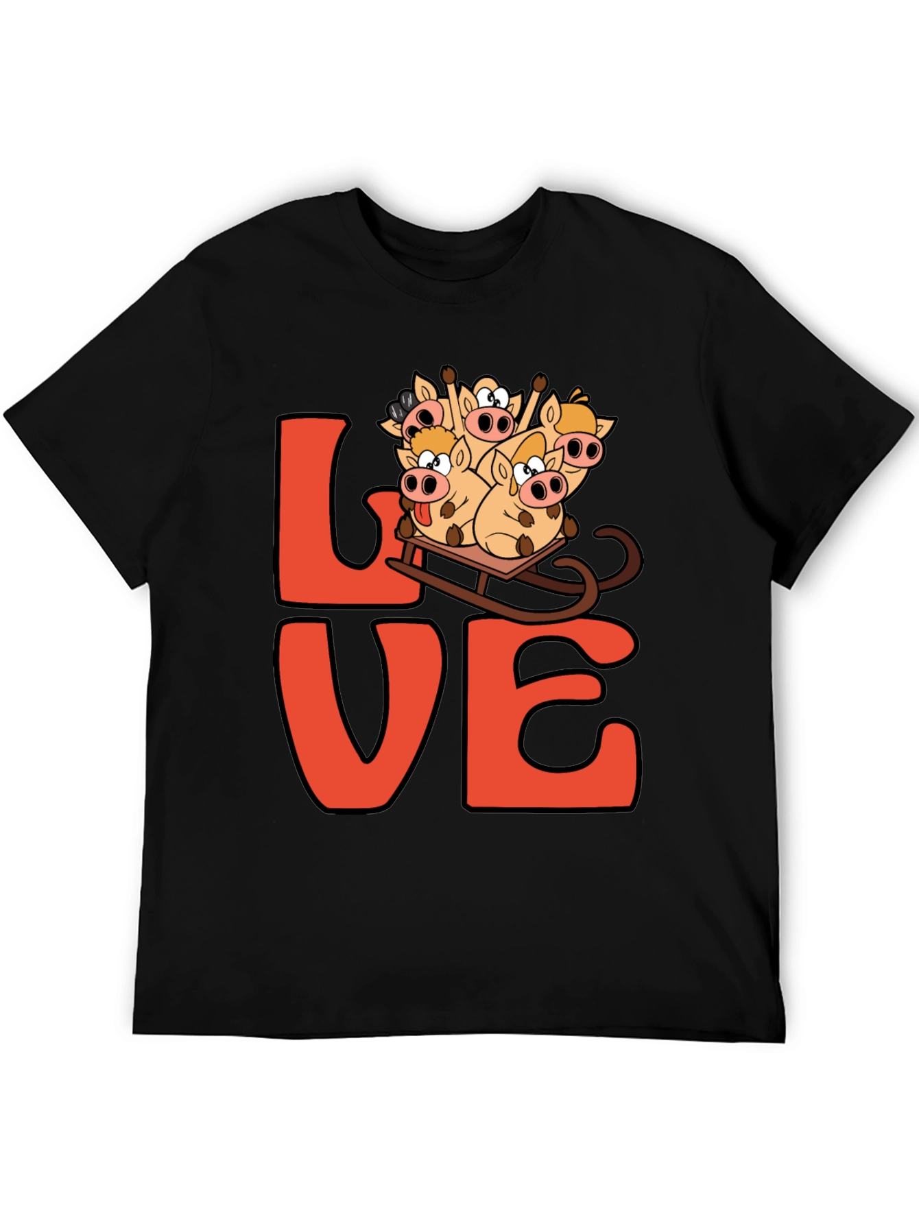 Love Pig Sled Black T-Shirt
