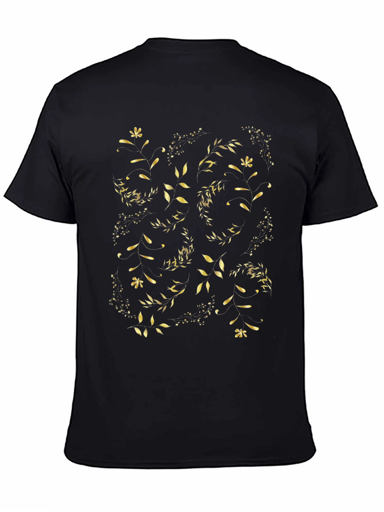 Golden Floral Print Black T-Shirt