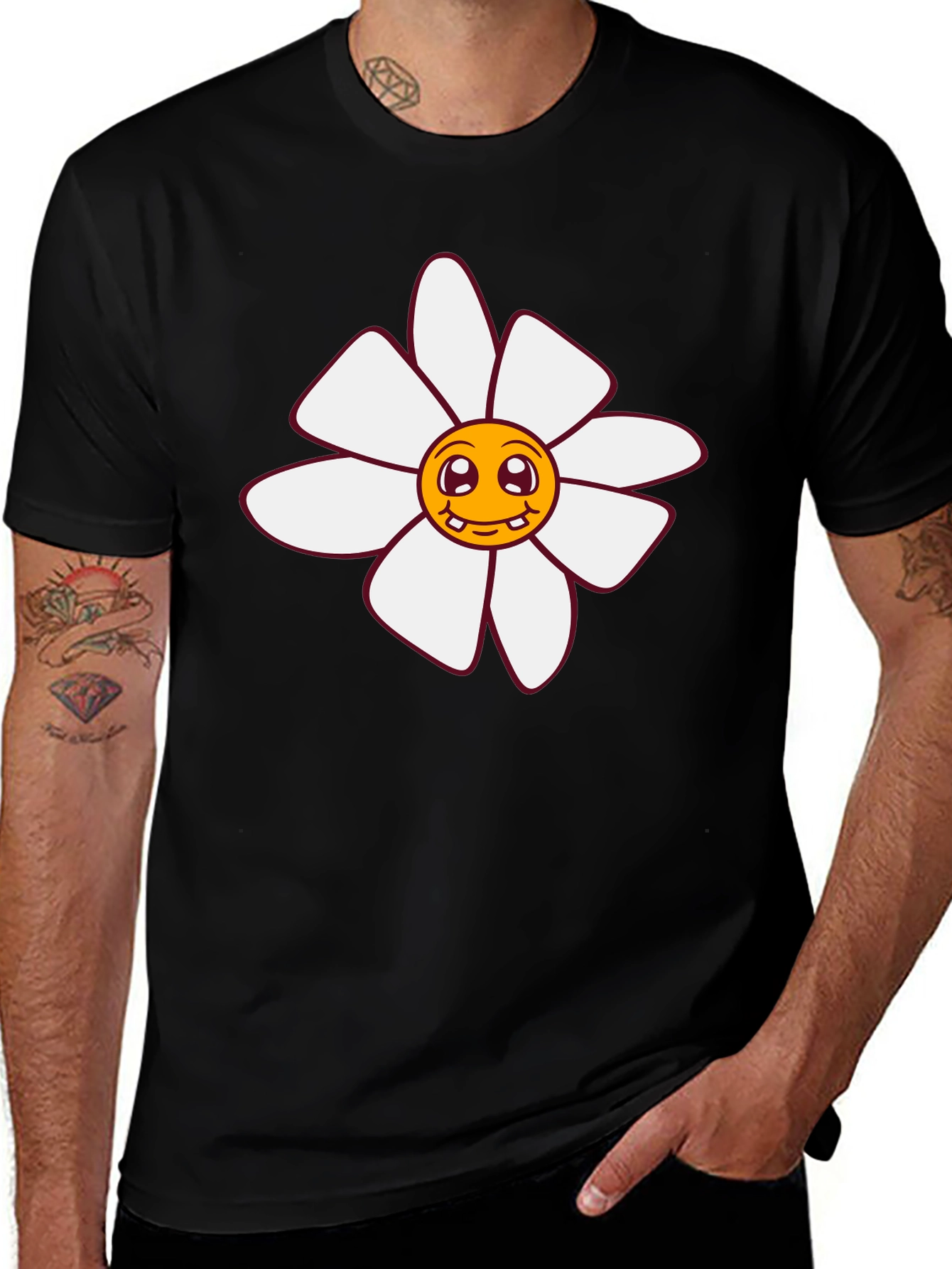 Smiling Flower Graphic Tee - Black Cotton T-Shirt