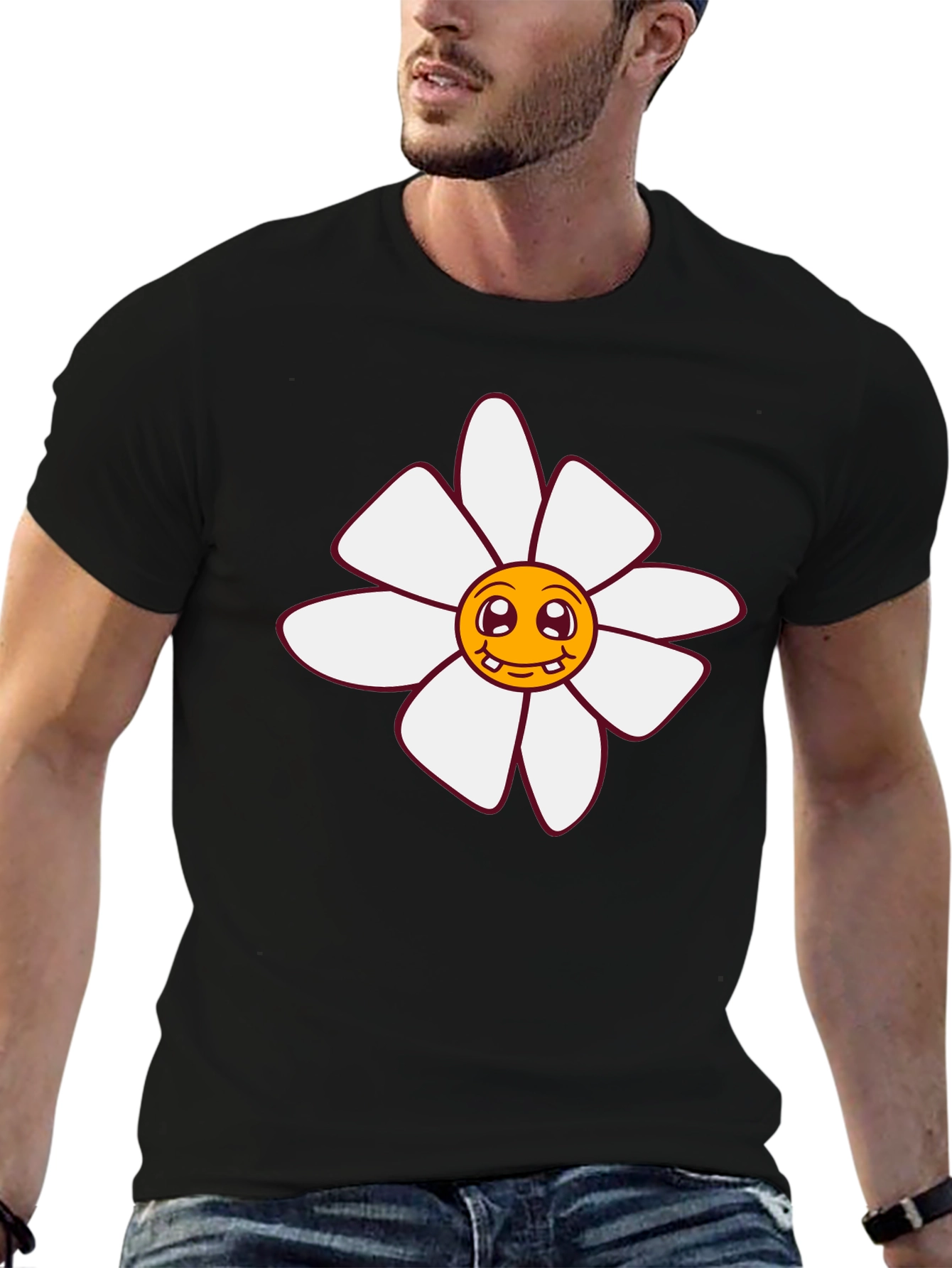 Smiling Flower Graphic Tee - Black Cotton T-Shirt