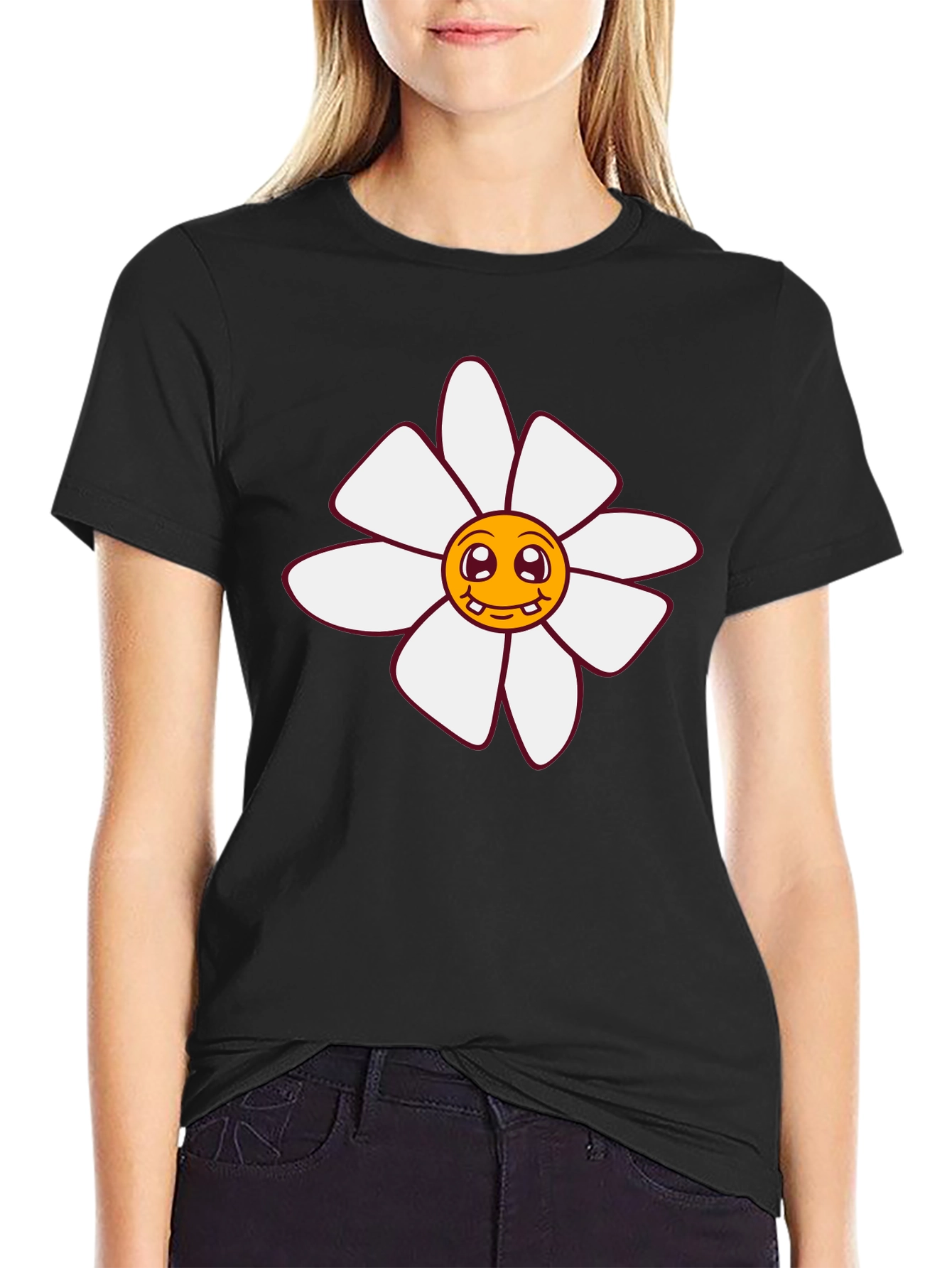 Smiling Flower Graphic Tee - Black Cotton T-Shirt