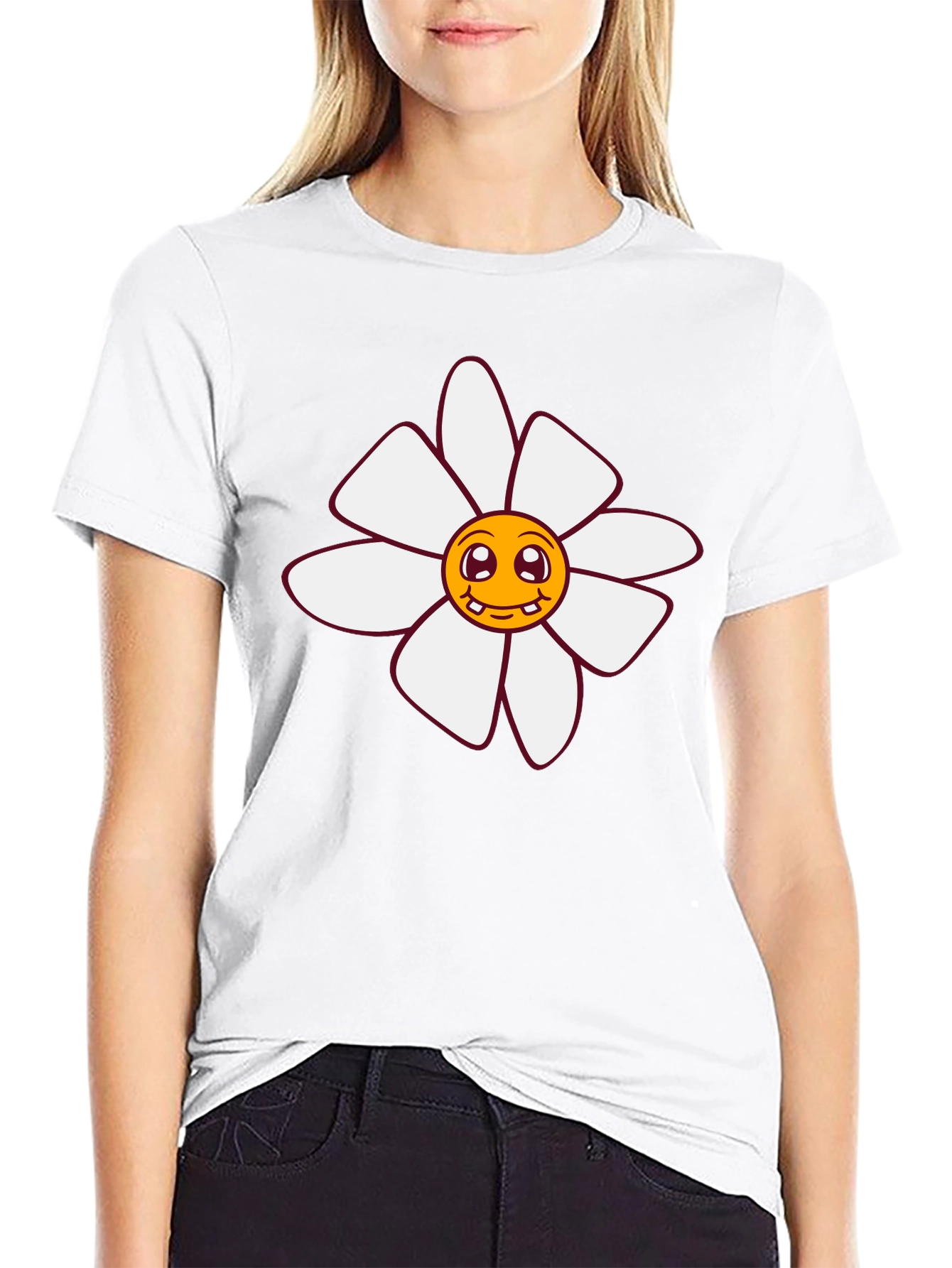 Smiling Flower Graphic Tee - Black Cotton T-Shirt
