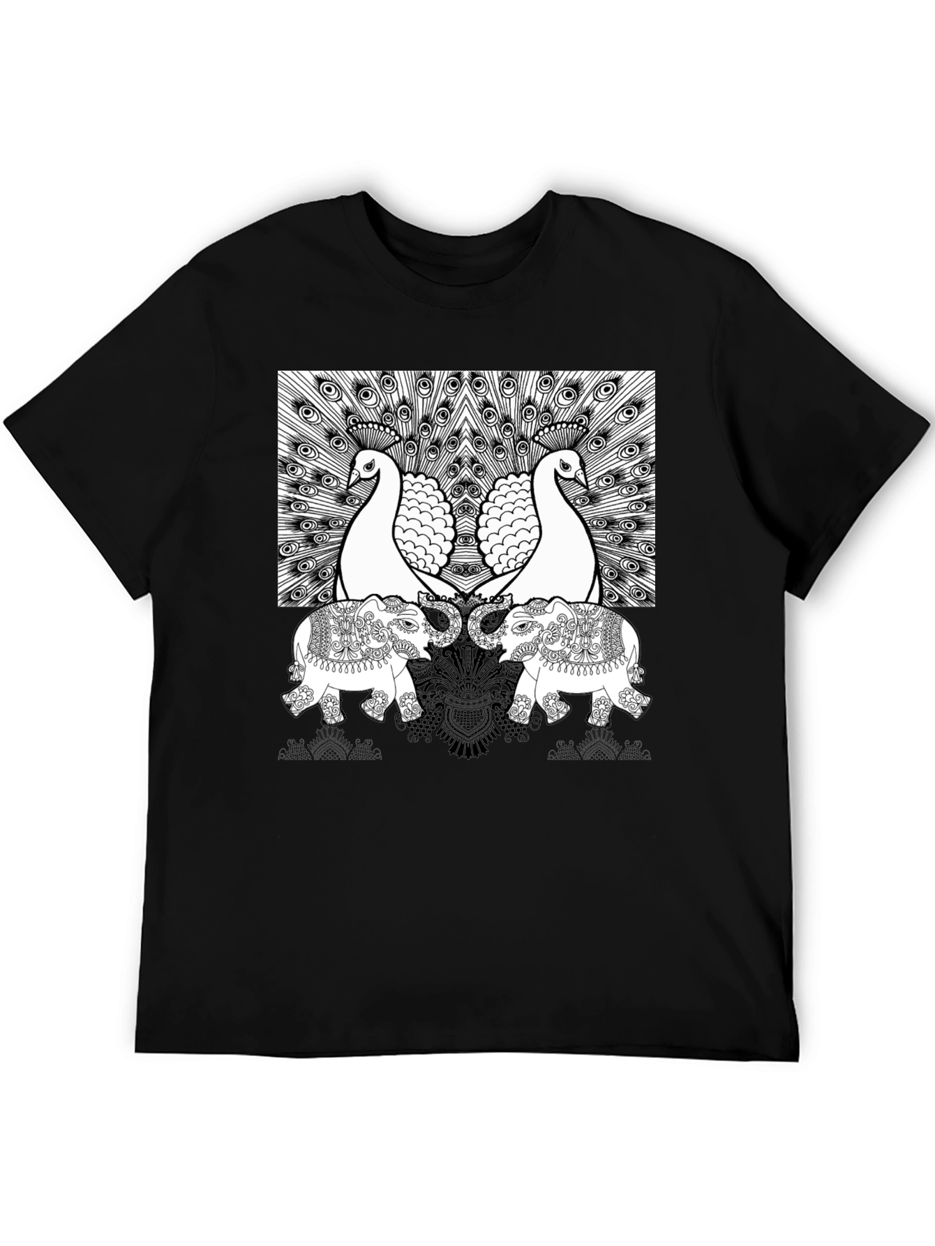 Peacock Elephant Graphic Print Tee - Black