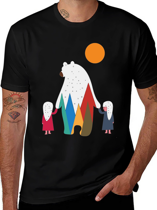 Bear and Children Graphic Tee - Modern Crew Neck T-Shirt