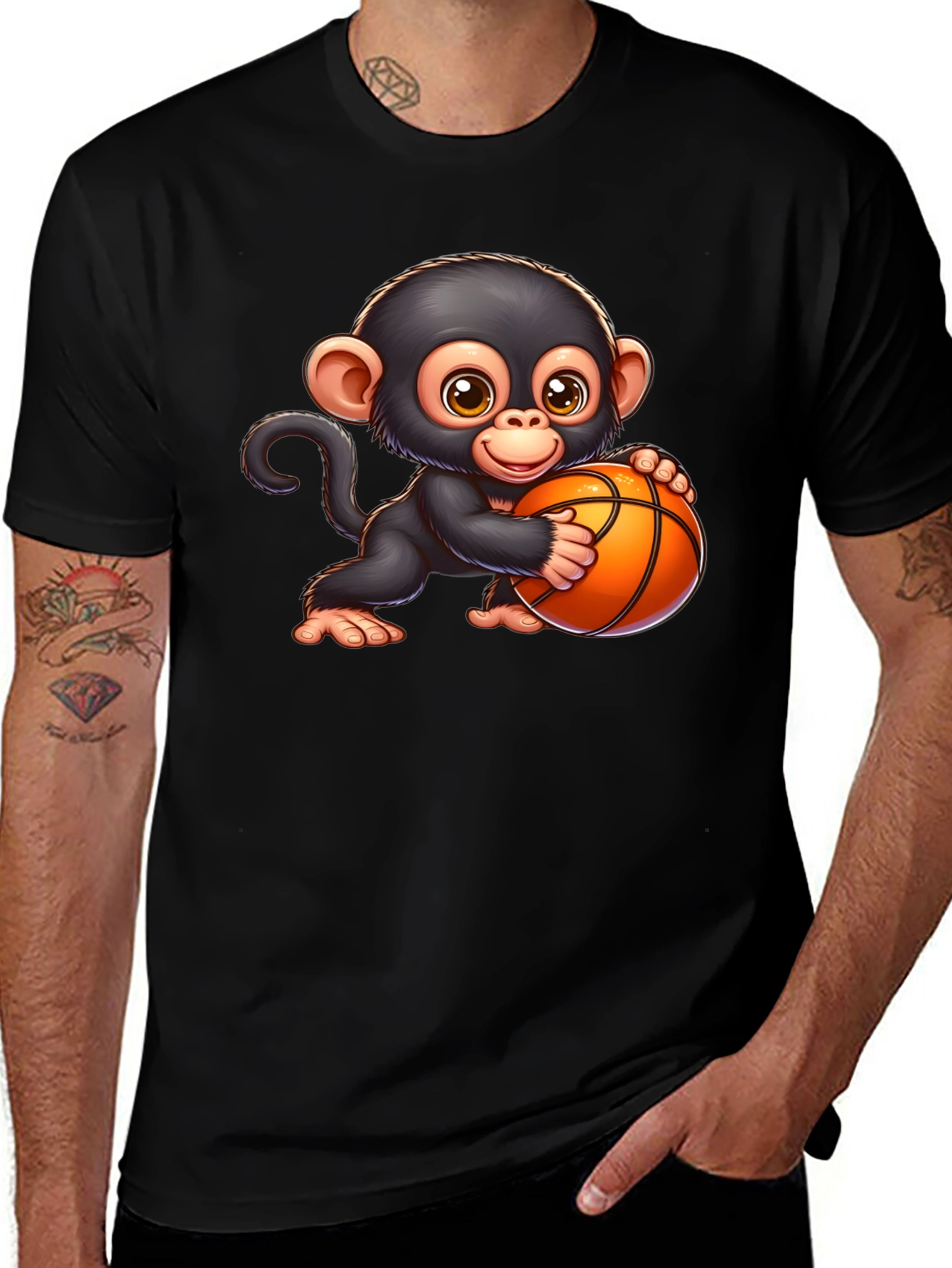 Cartoon Monkey Basketball Graphic T-Shirt