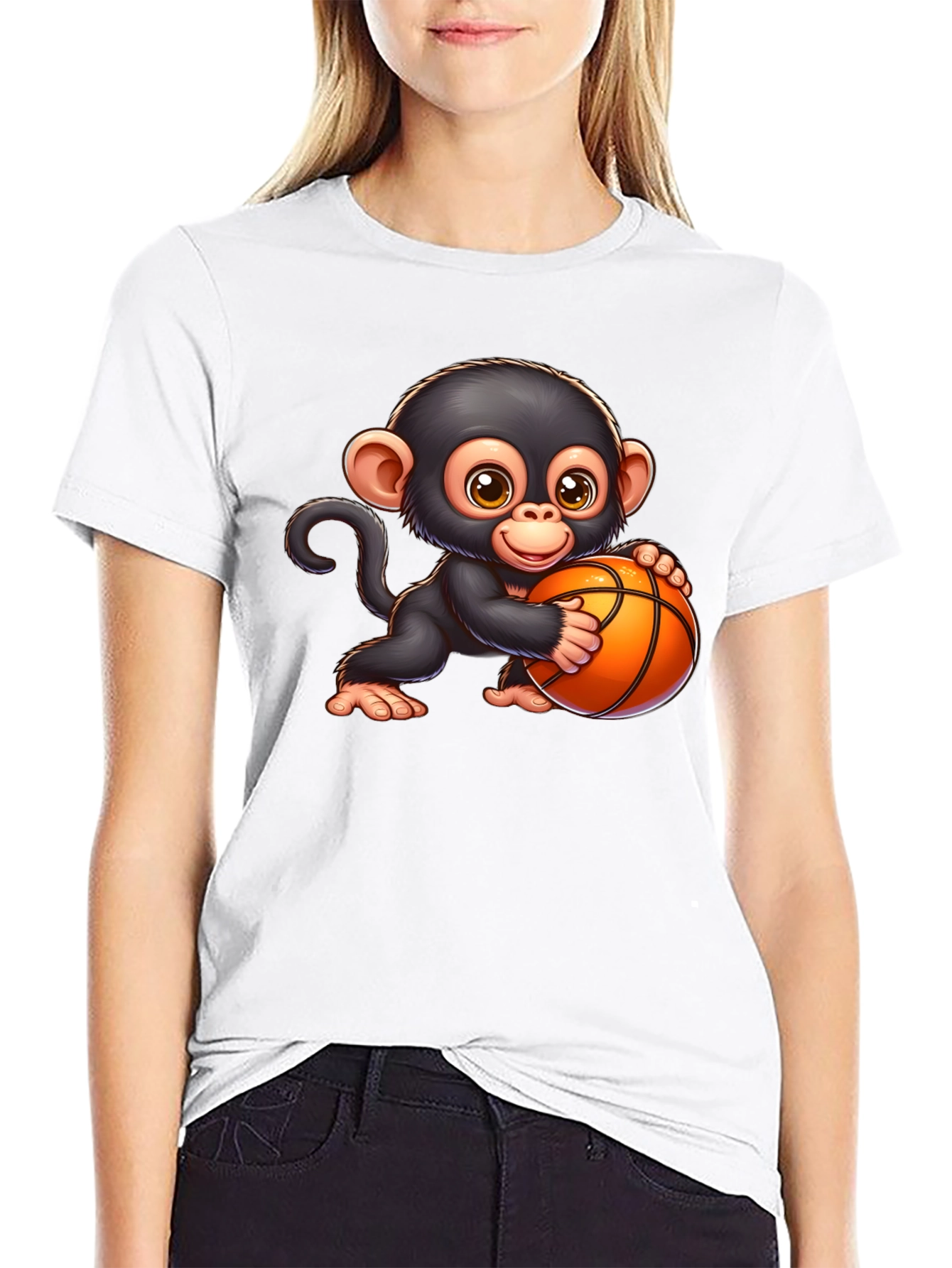 Cartoon Monkey Basketball Graphic T-Shirt