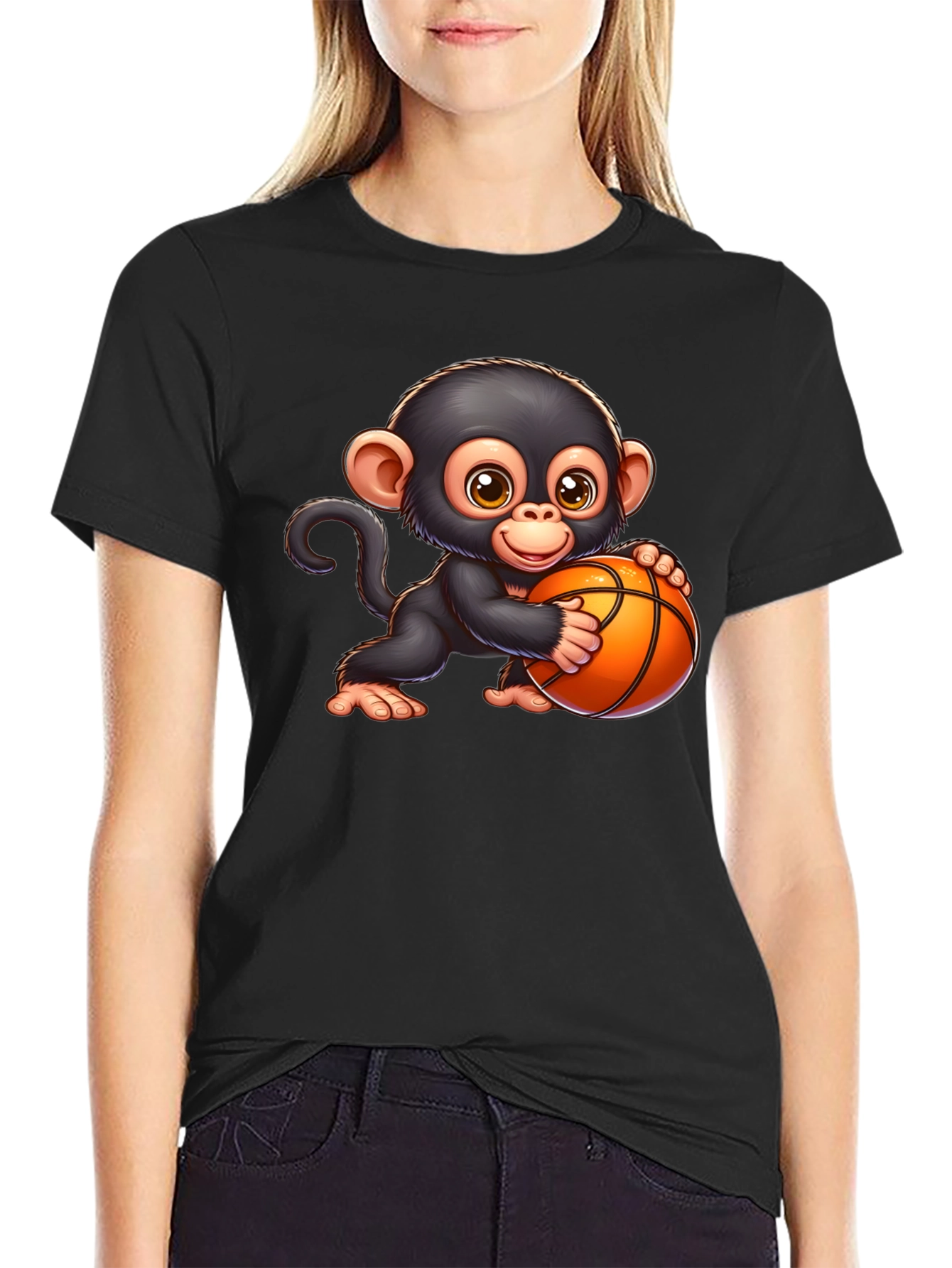 Cartoon Monkey Basketball Graphic T-Shirt