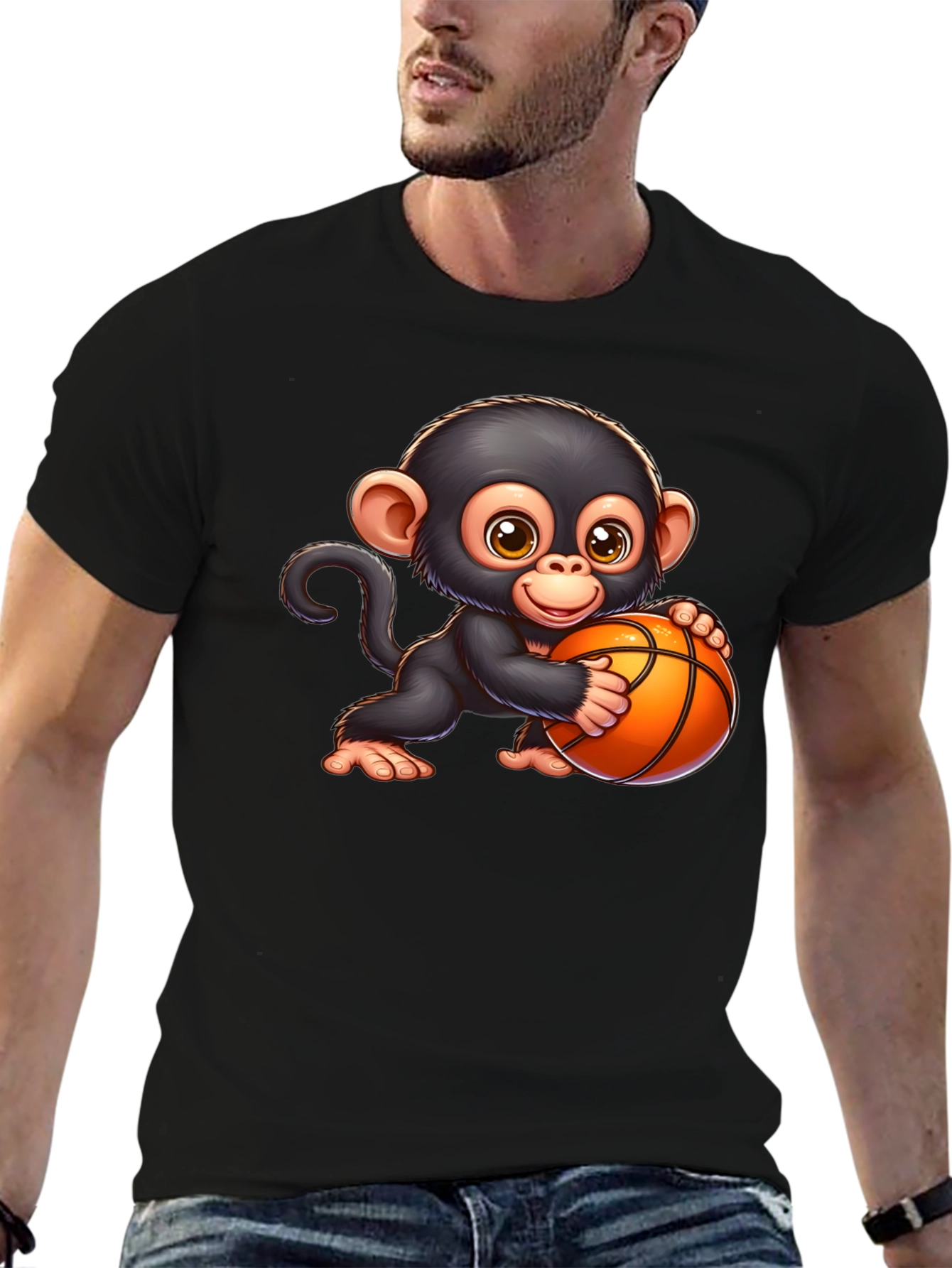 Cartoon Monkey Basketball Graphic T-Shirt