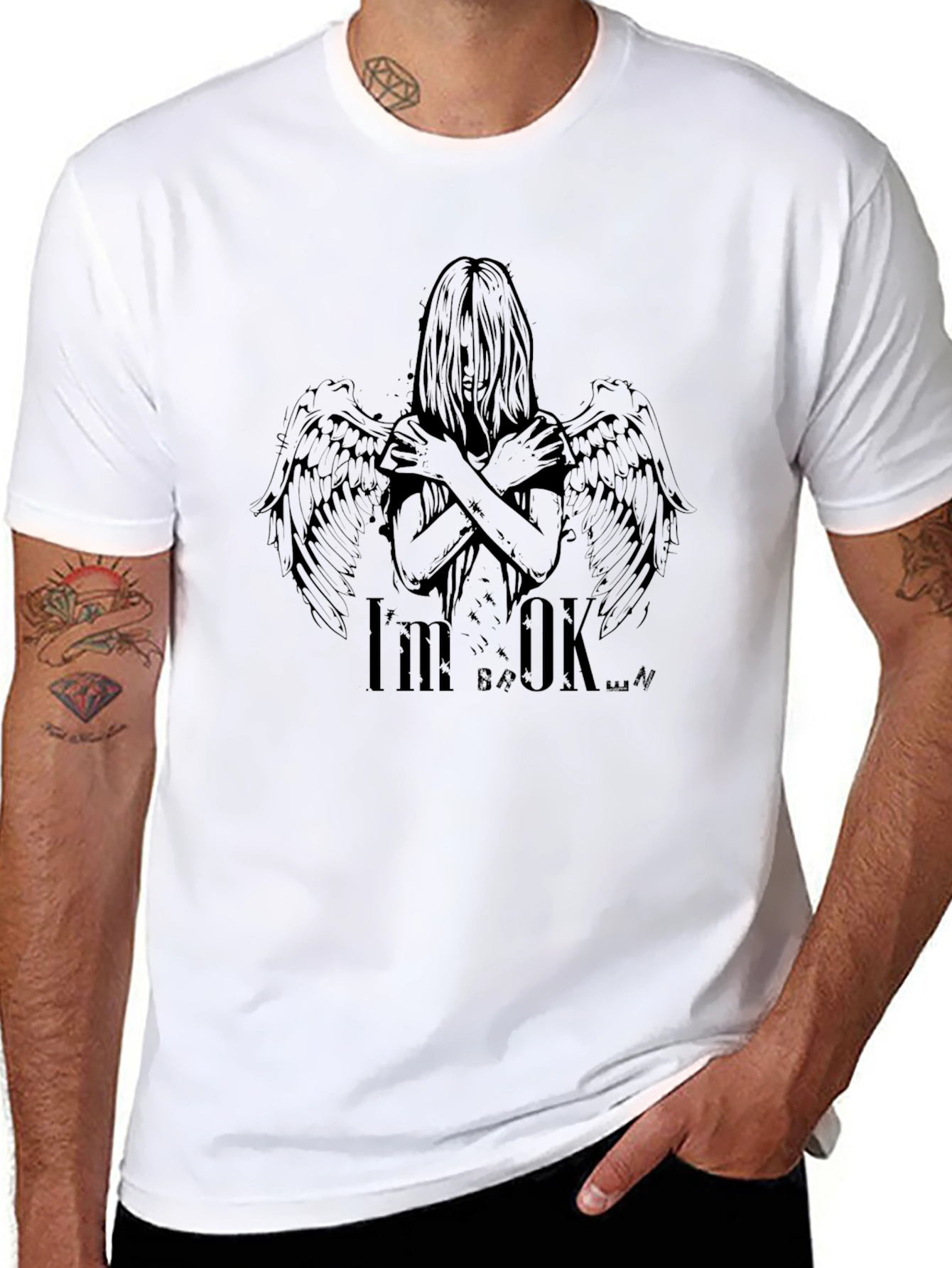 Im OK Broken Wings Graphic Black T-Shirt