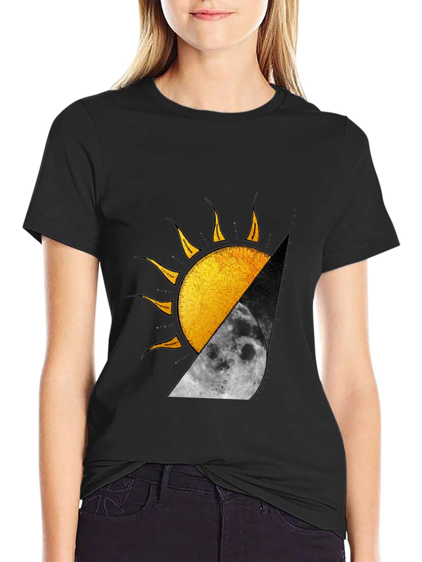 Sun and Moon Graphic Print Black T-Shirt
