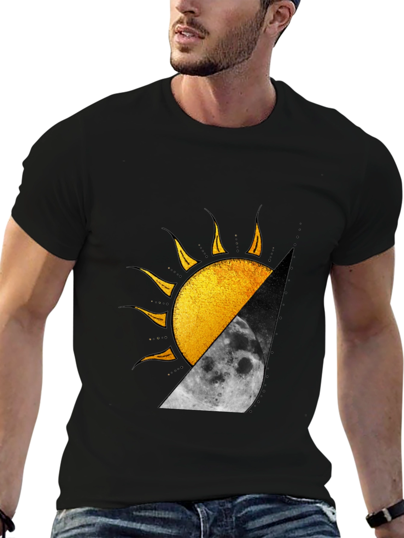 Sun and Moon Graphic Print Black T-Shirt
