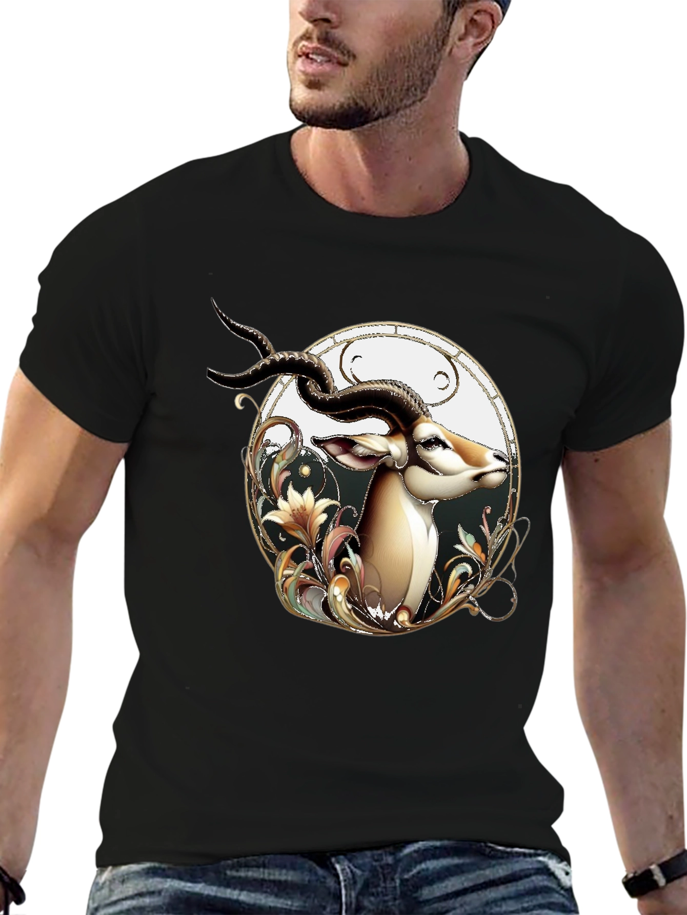 Stylish Black T-Shirt with Gazelle Graphic Design