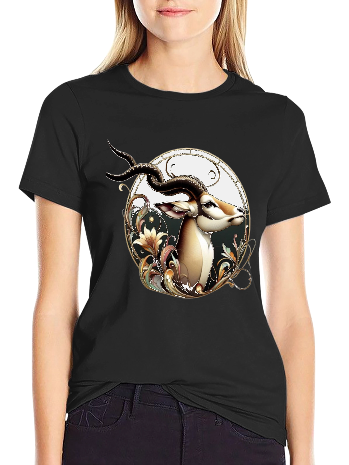 Stylish Black T-Shirt with Gazelle Graphic Design