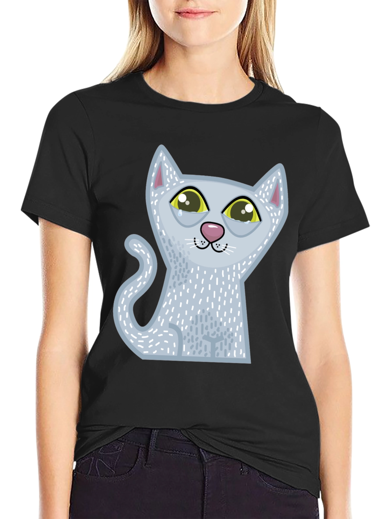 Sad Cartoon Cat Graphic Tee - Unisex Black T-Shirt