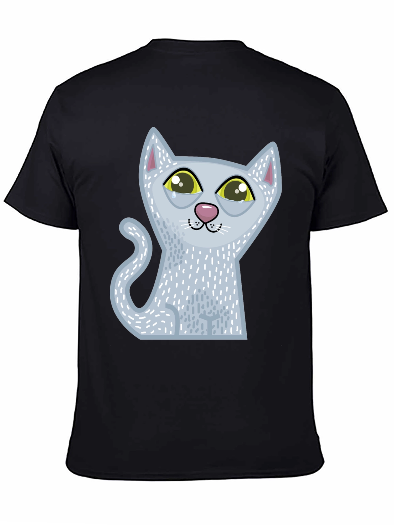 Sad Cartoon Cat Graphic Tee - Unisex Black T-Shirt