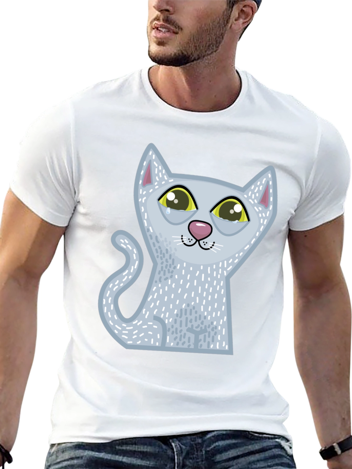 Sad Cartoon Cat Graphic Tee - Unisex Black T-Shirt