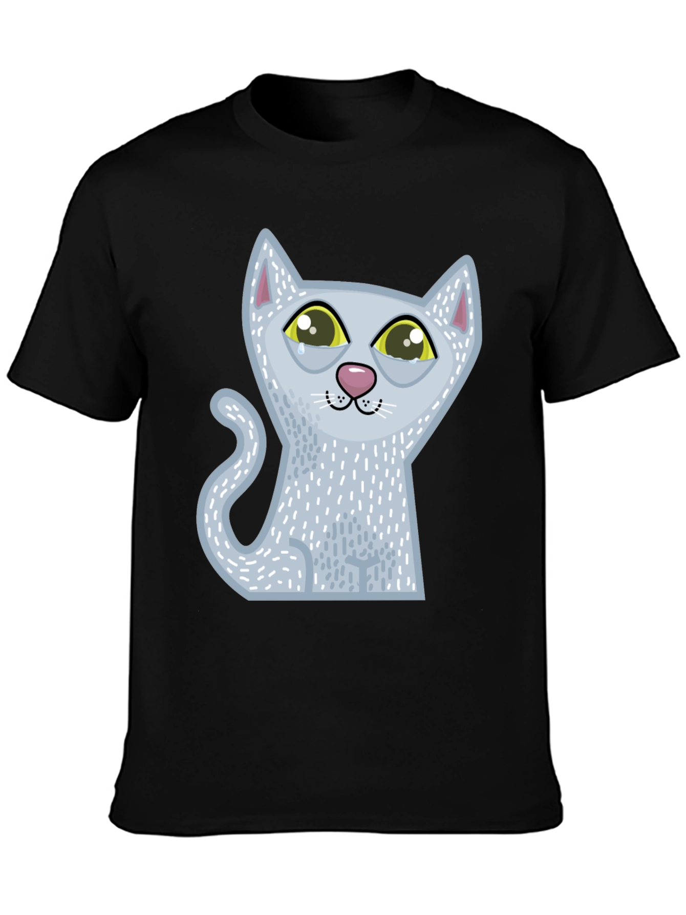 Sad Cartoon Cat Graphic Tee - Unisex Black T-Shirt