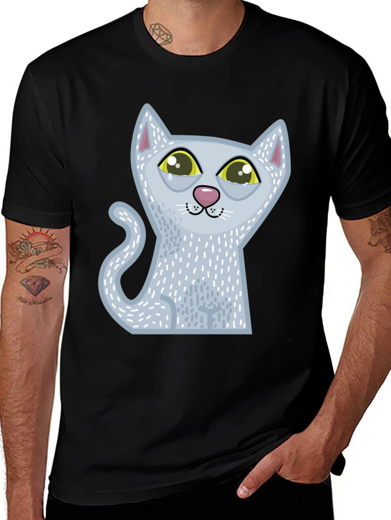 Sad Cartoon Cat Graphic Tee - Unisex Black T-Shirt