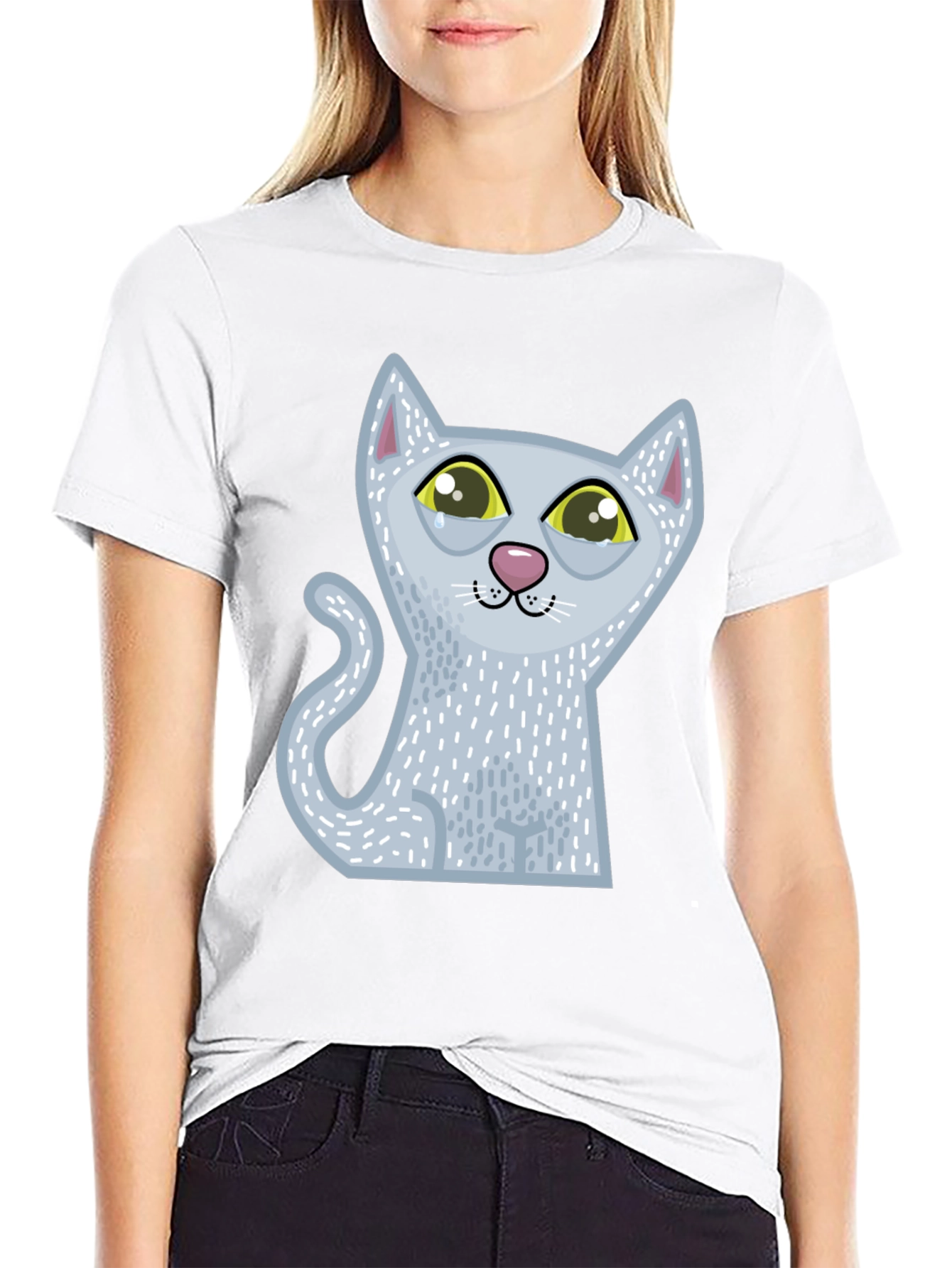 Sad Cartoon Cat Graphic Tee - Unisex Black T-Shirt