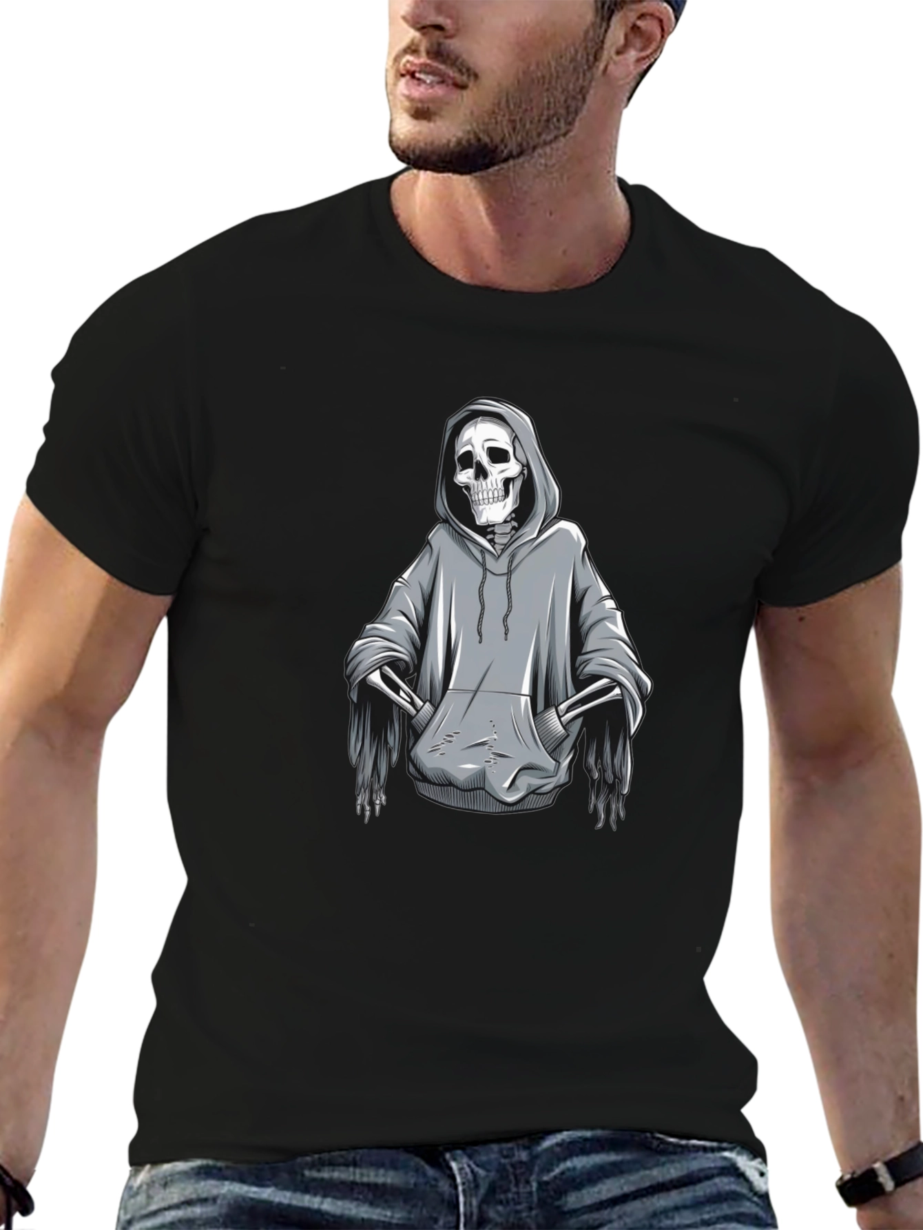 Grim Reaper Hoodie Skeleton Graphic T-Shirt - Black