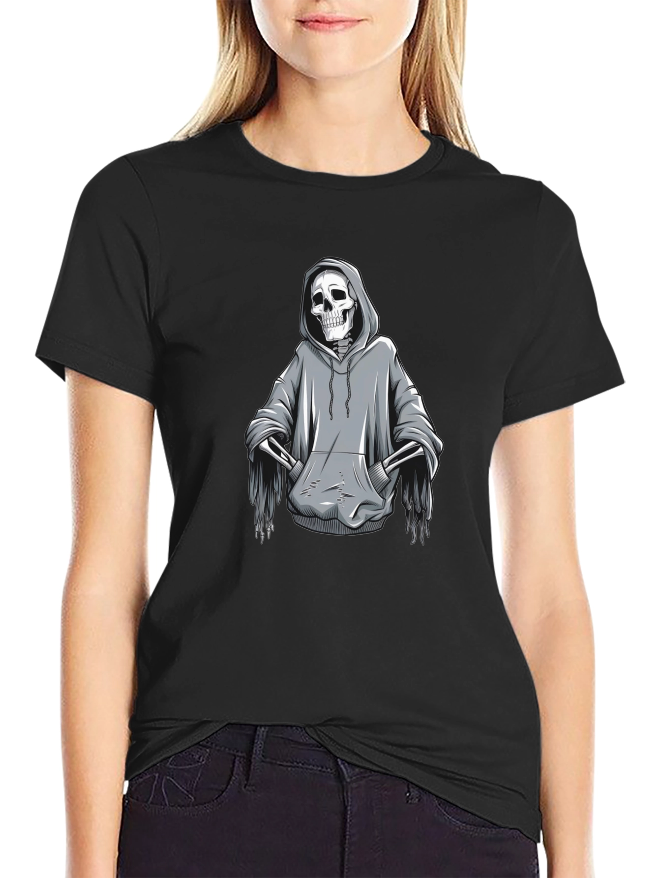 Grim Reaper Hoodie Skeleton Graphic T-Shirt - Black
