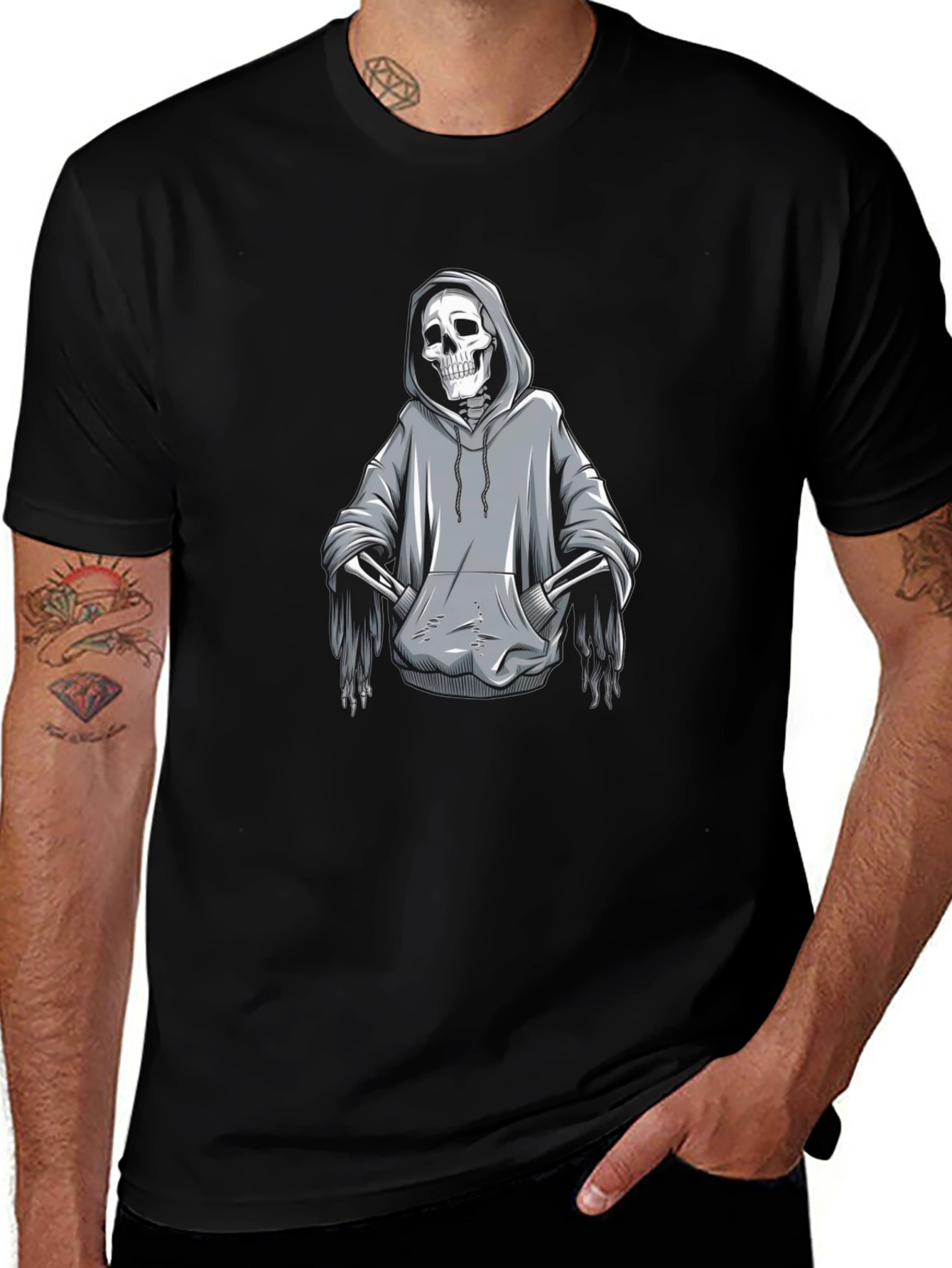 Grim Reaper Hoodie Skeleton Graphic T-Shirt - Black