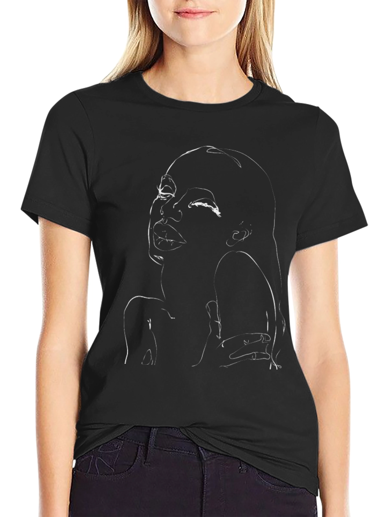 Abstract Line Art Face Graphic Black T-Shirt