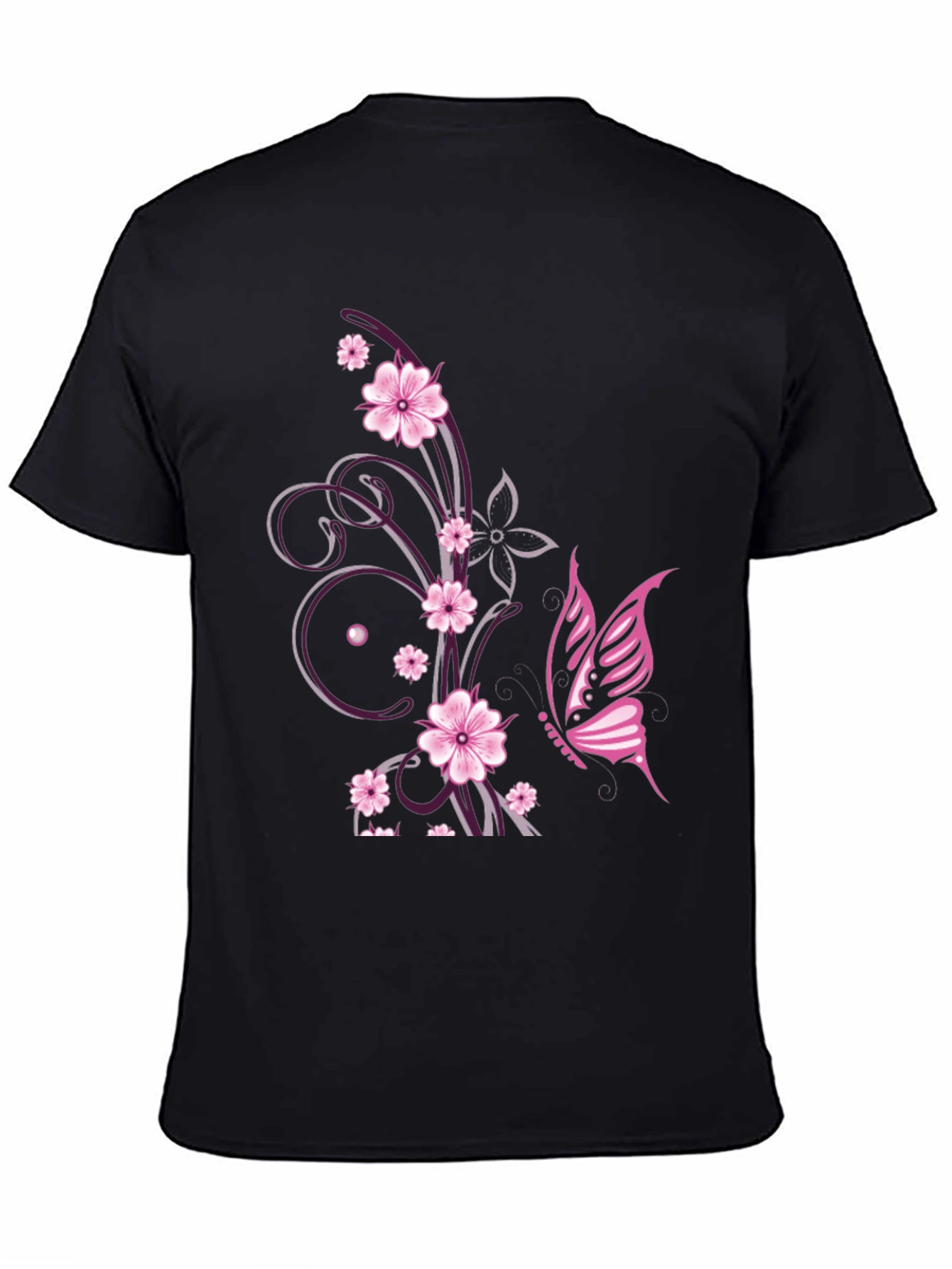 Floral Butterfly Print Black T-Shirt