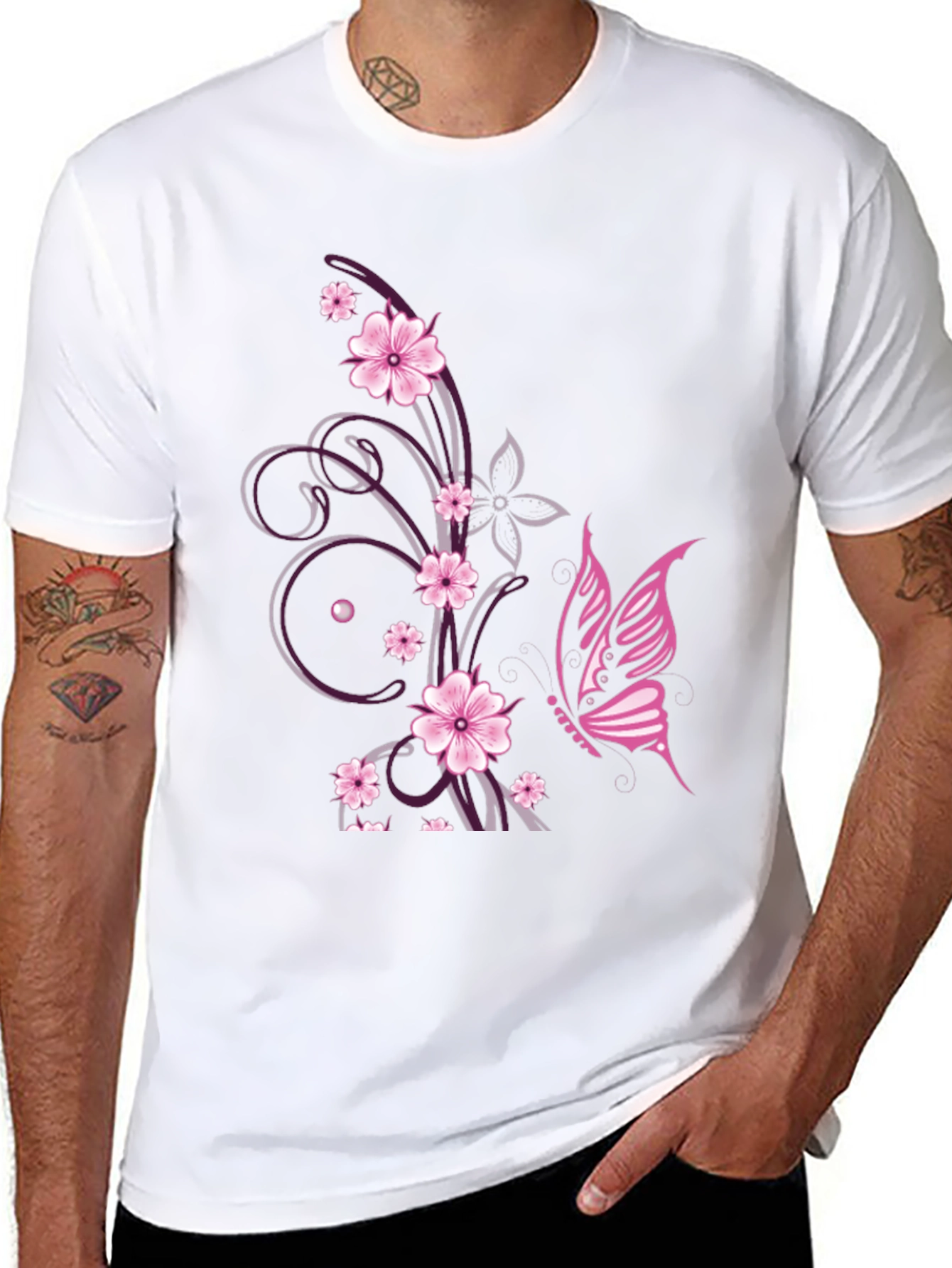 Floral Butterfly Print Black T-Shirt