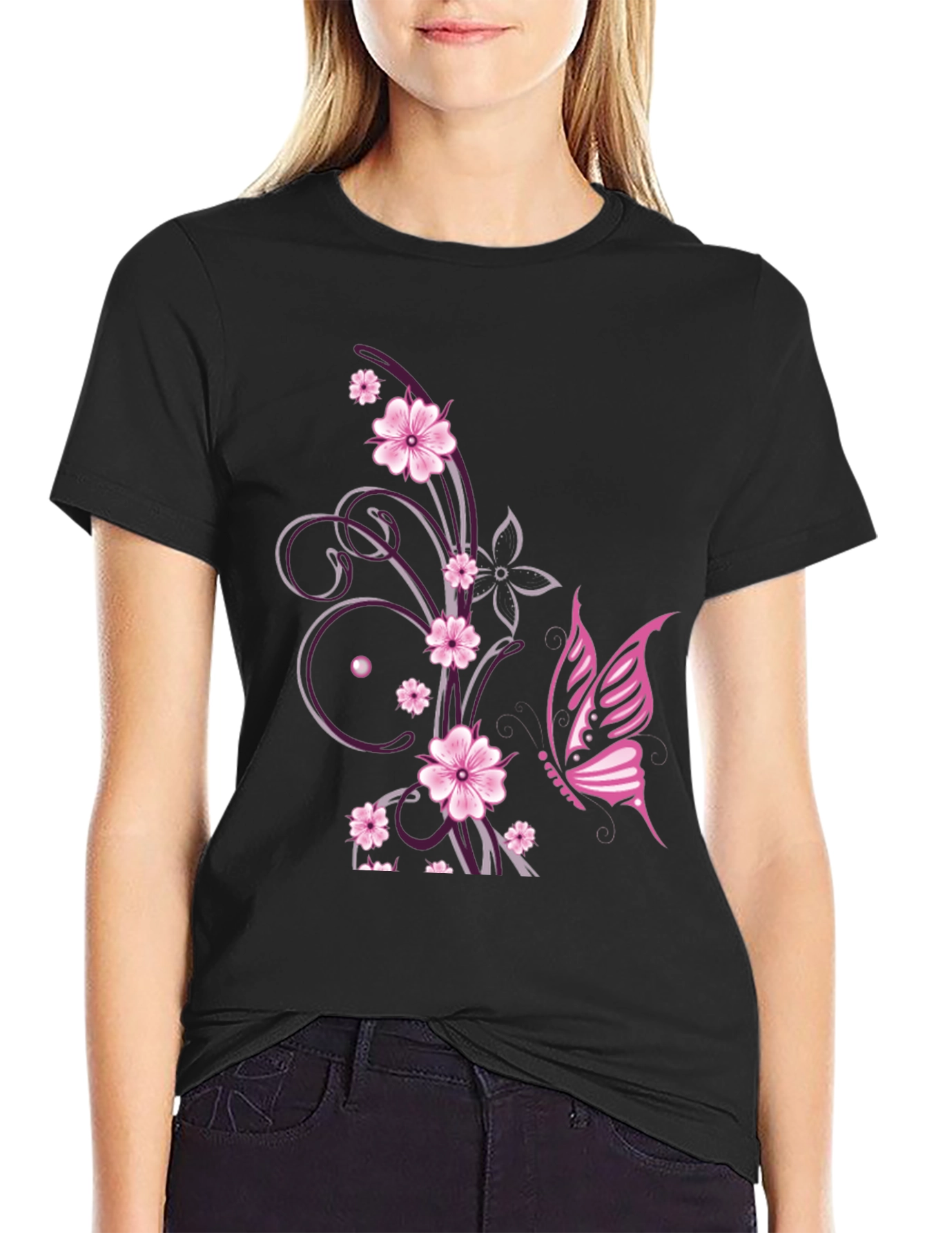 Floral Butterfly Print Black T-Shirt