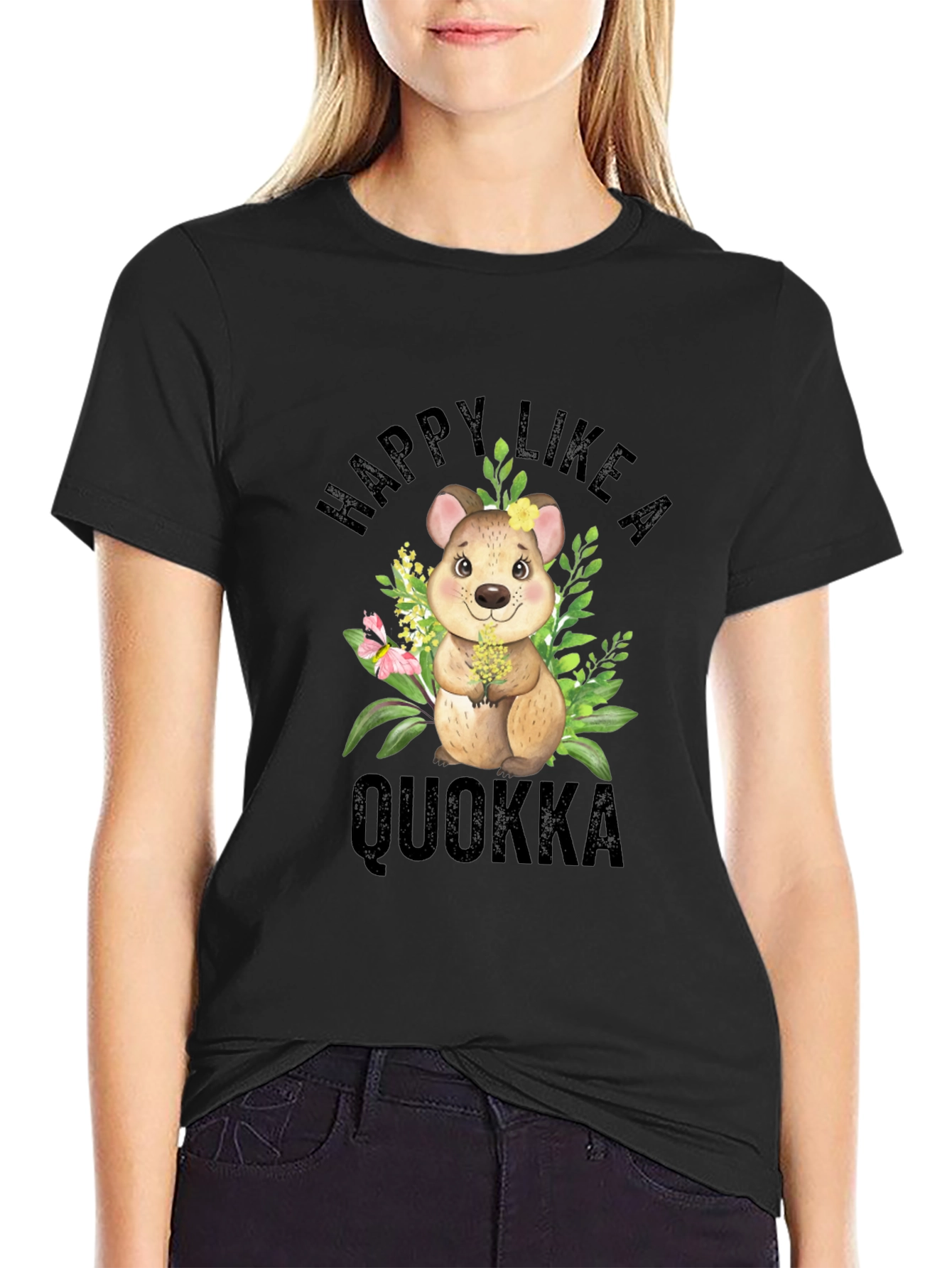 Happy Like A Quokka Black T-Shirt