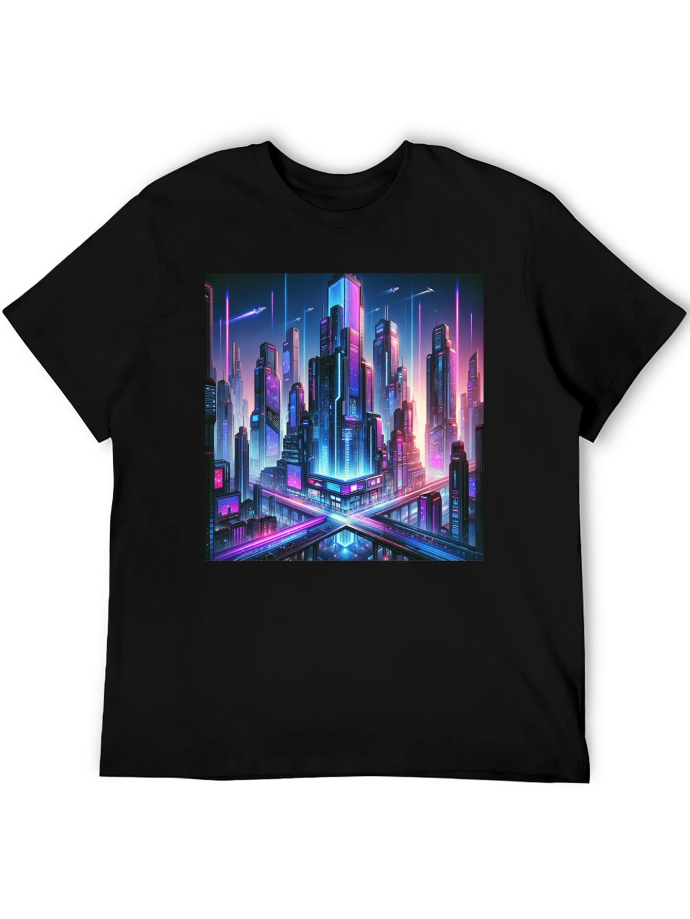 Cyberpunk Cityscape Graphic Tee - Black Cotton T-Shirt