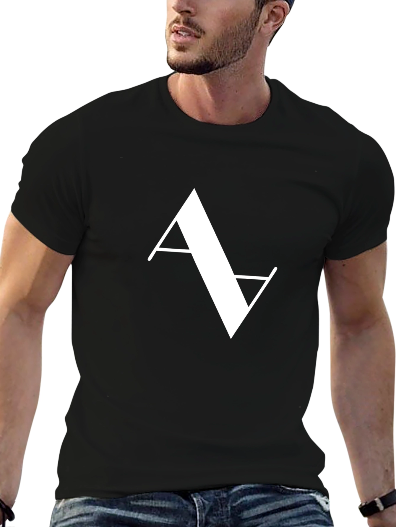 Modern Minimalist White Logo Print Black T-Shirt