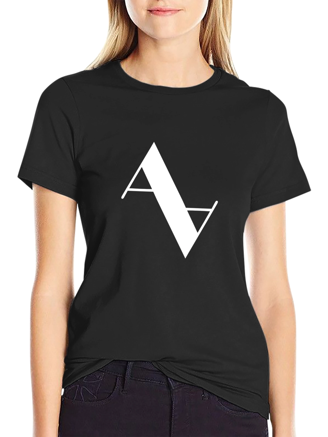 Modern Minimalist White Logo Print Black T-Shirt