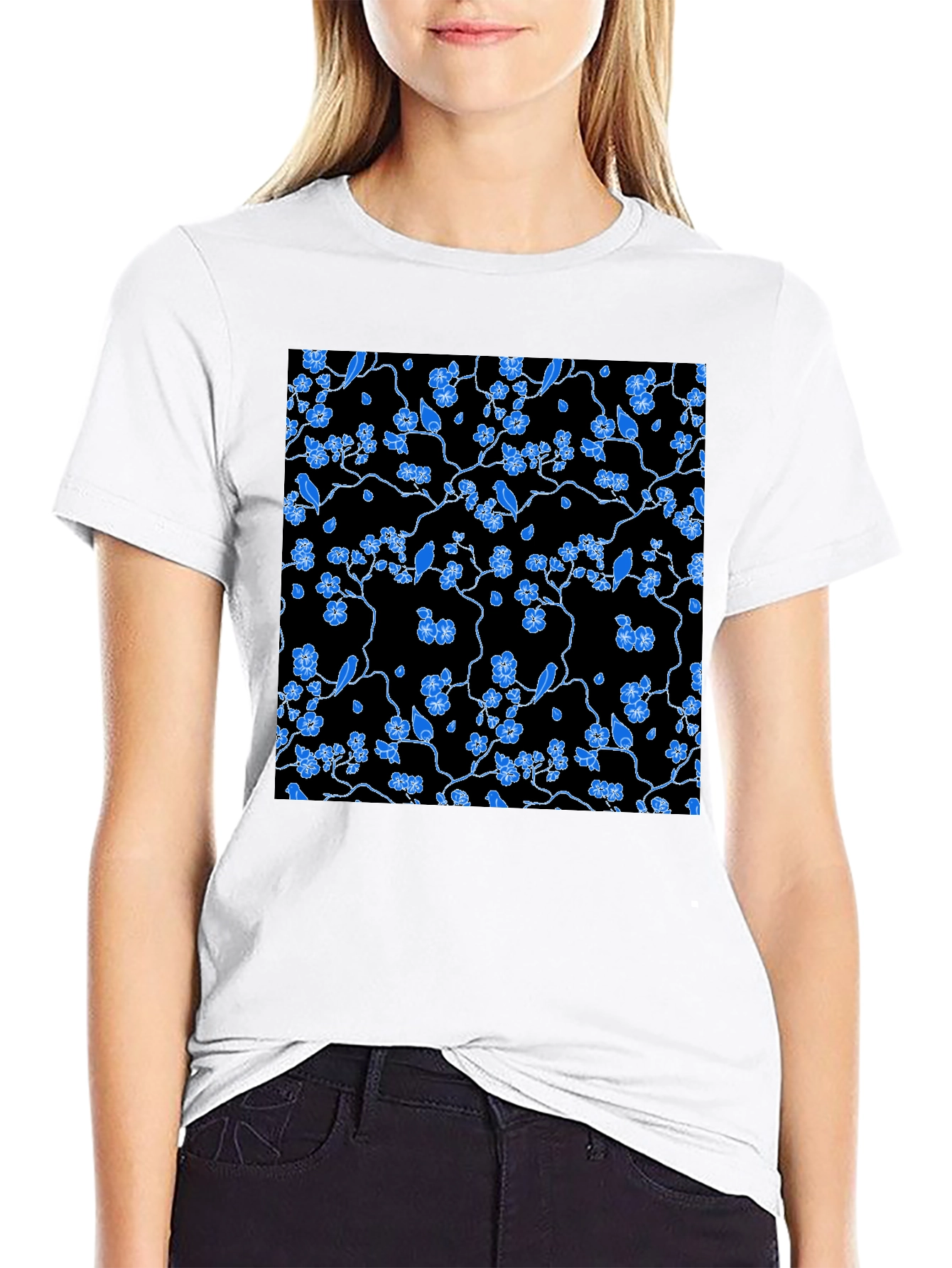 Black Tee with Blue Floral Pattern