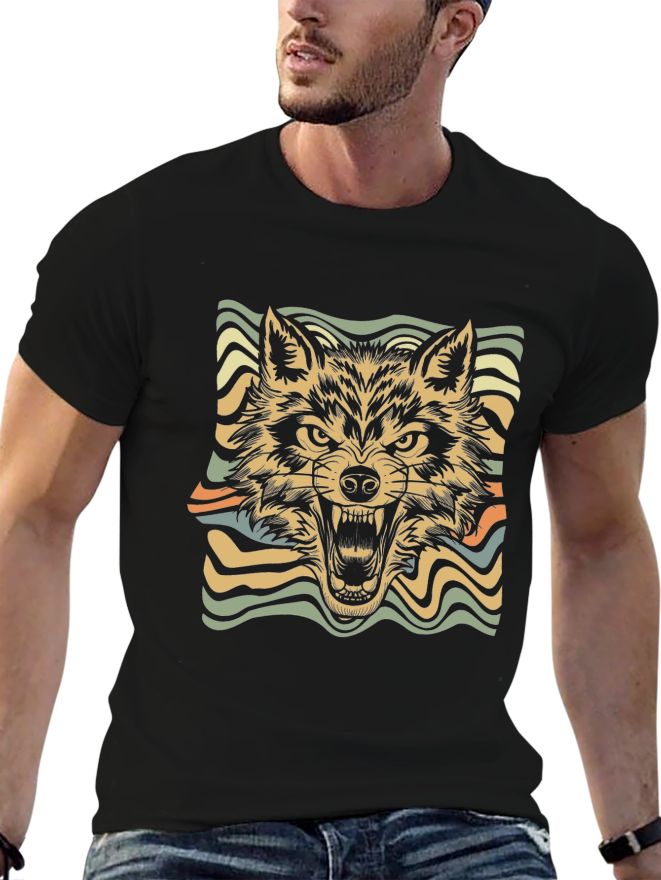 Retro Wolf Graphic Tee - Stylish Black T-Shirt