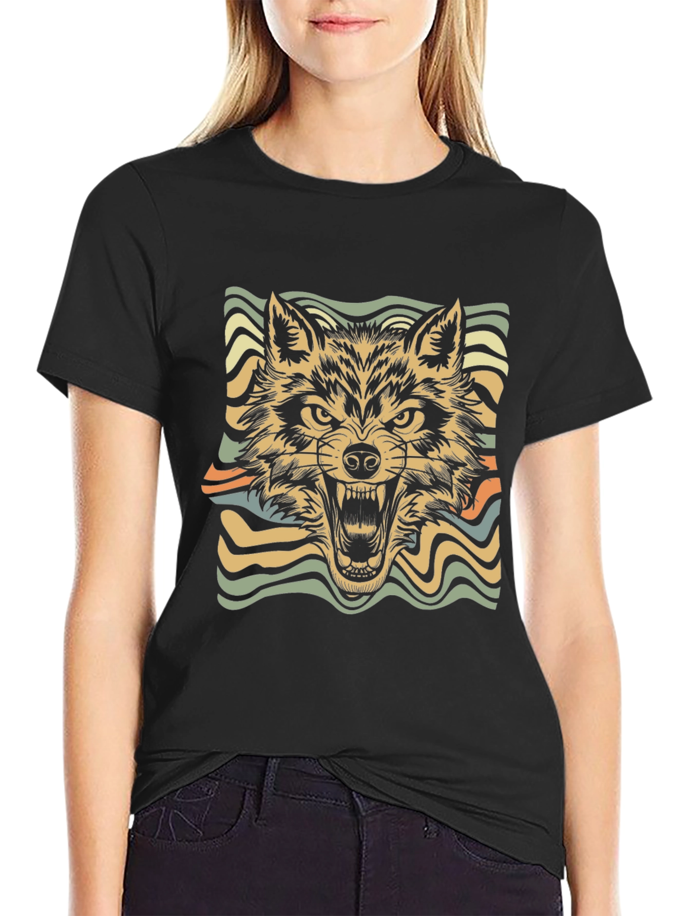 Retro Wolf Graphic Tee - Stylish Black T-Shirt