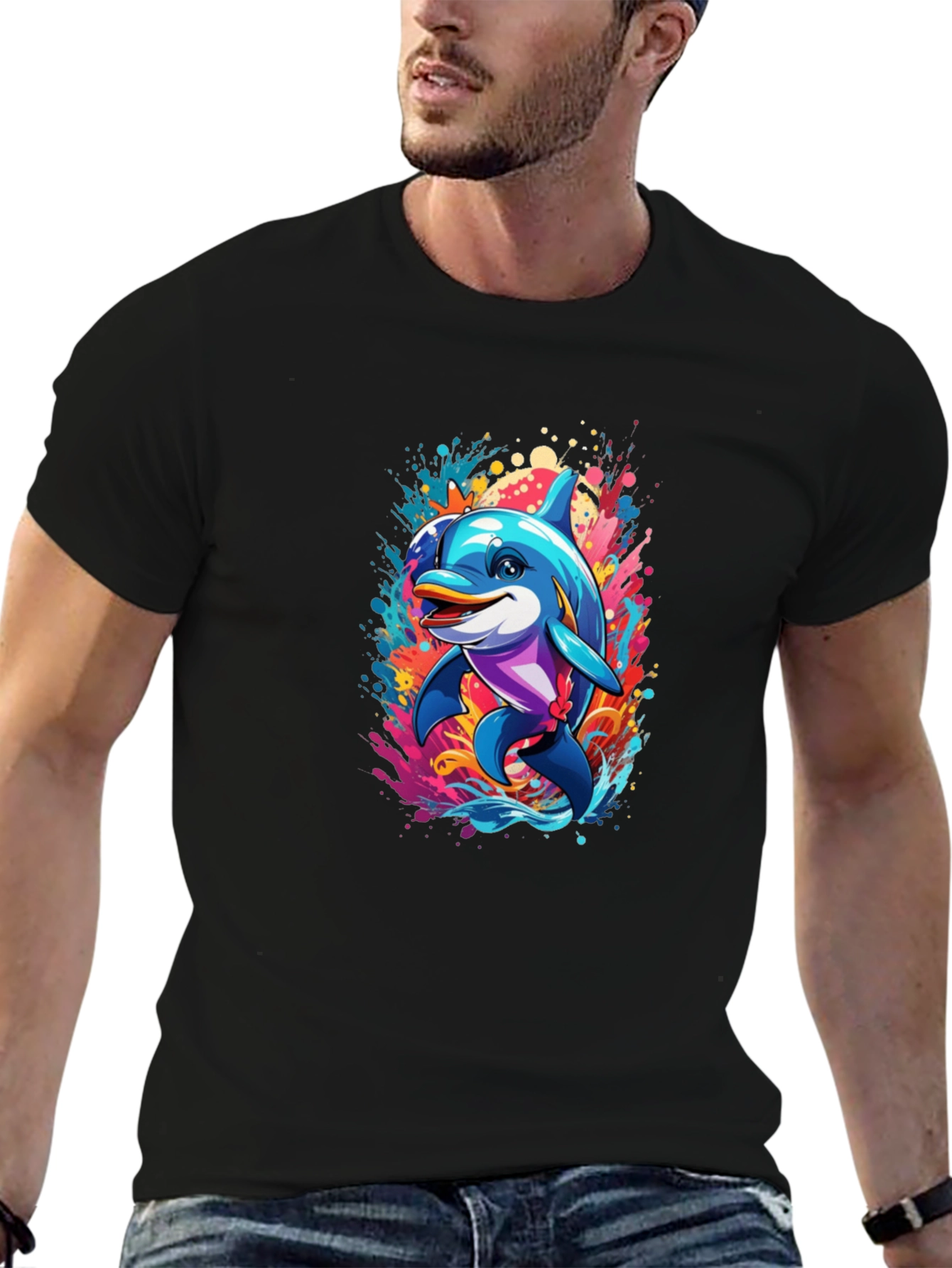 Dolphin Splash Black T-Shirt - Fun Graphic Tee