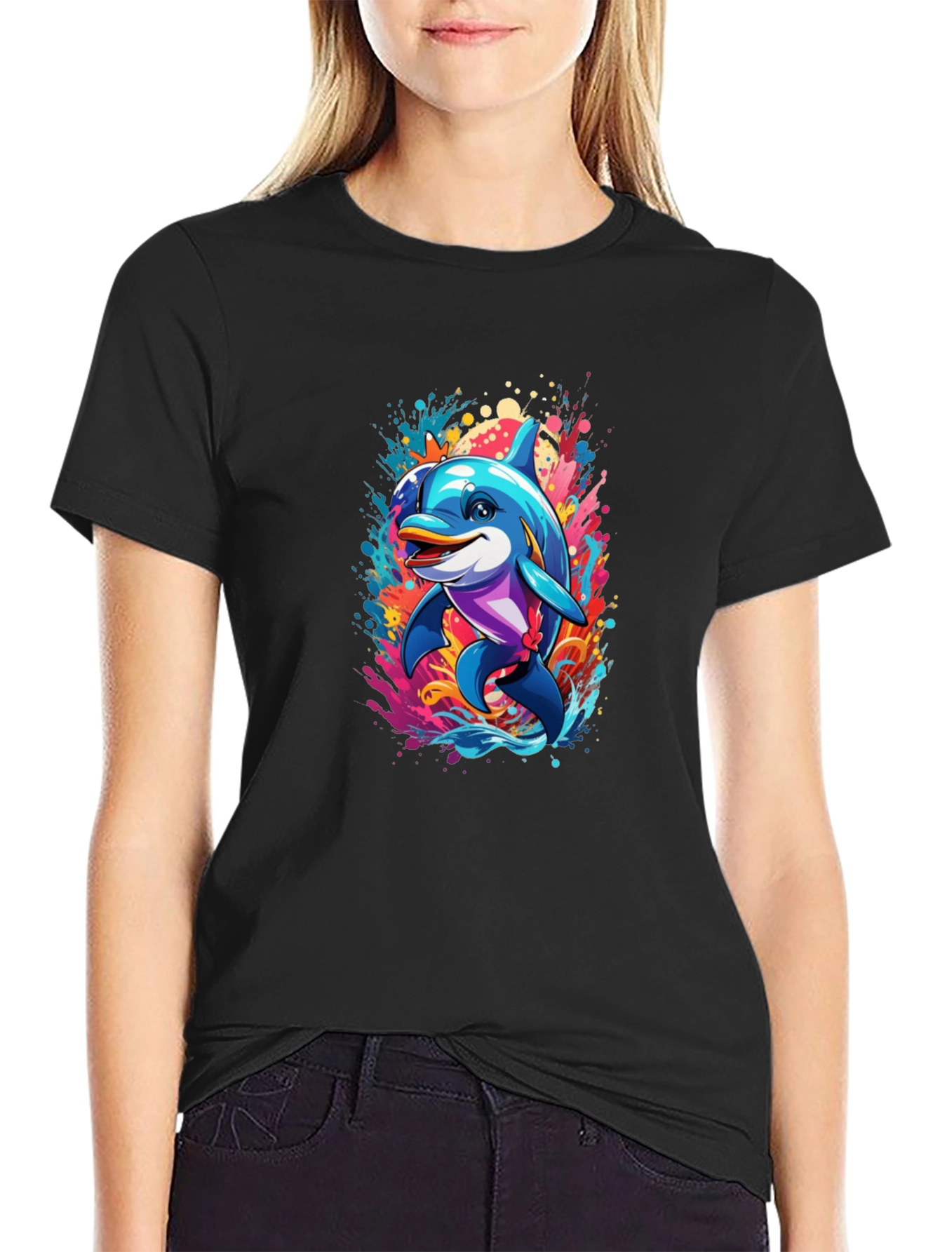 Dolphin Splash Black T-Shirt - Fun Graphic Tee