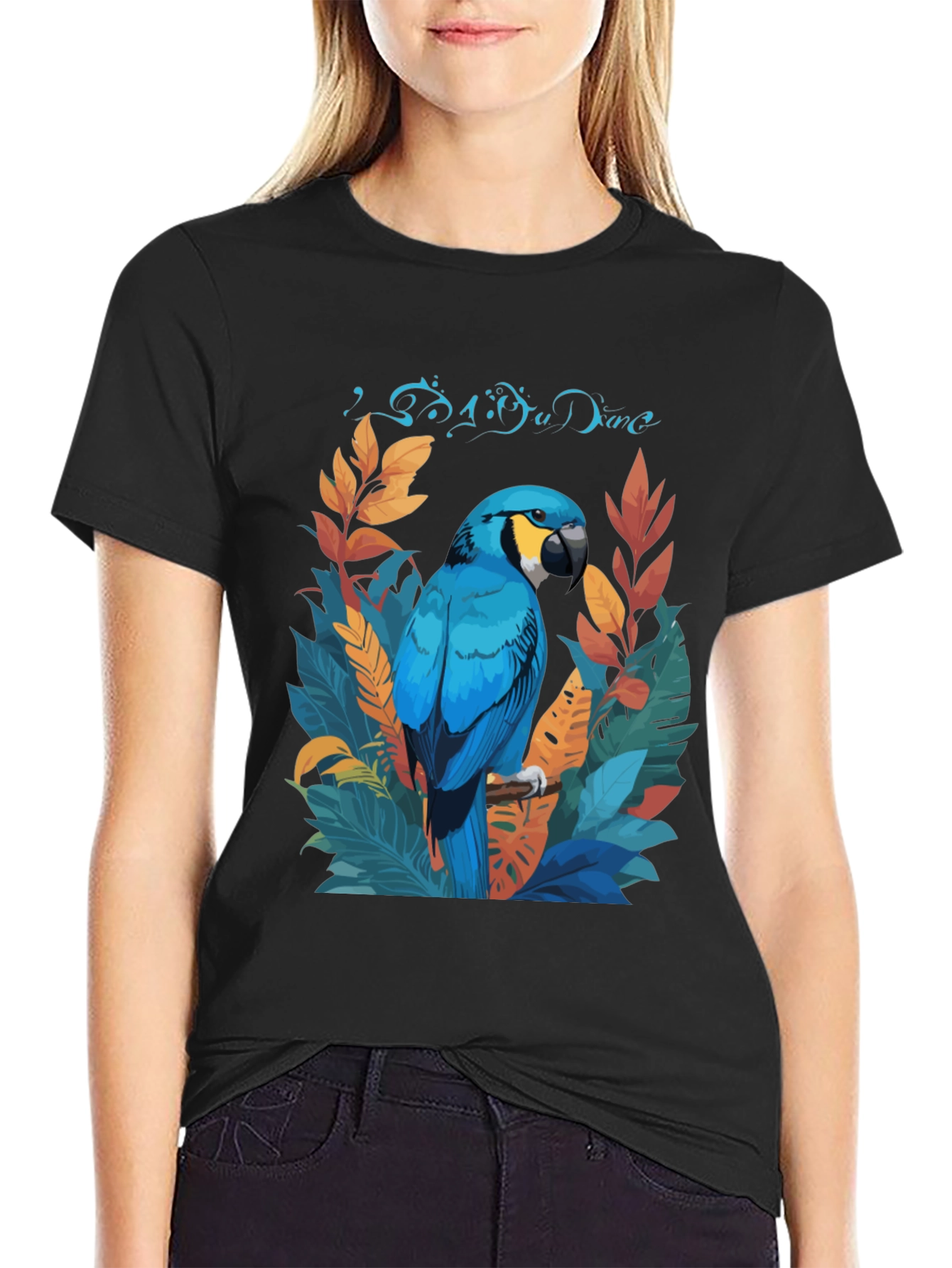 Tropical Parrot Graphic Tee - Black Casual T-Shirt