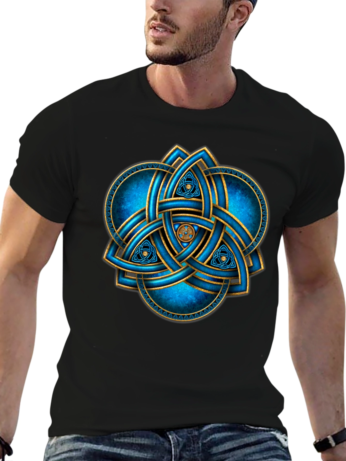 Celtic Knot T-Shirt: Blue & Gold Trinity Design