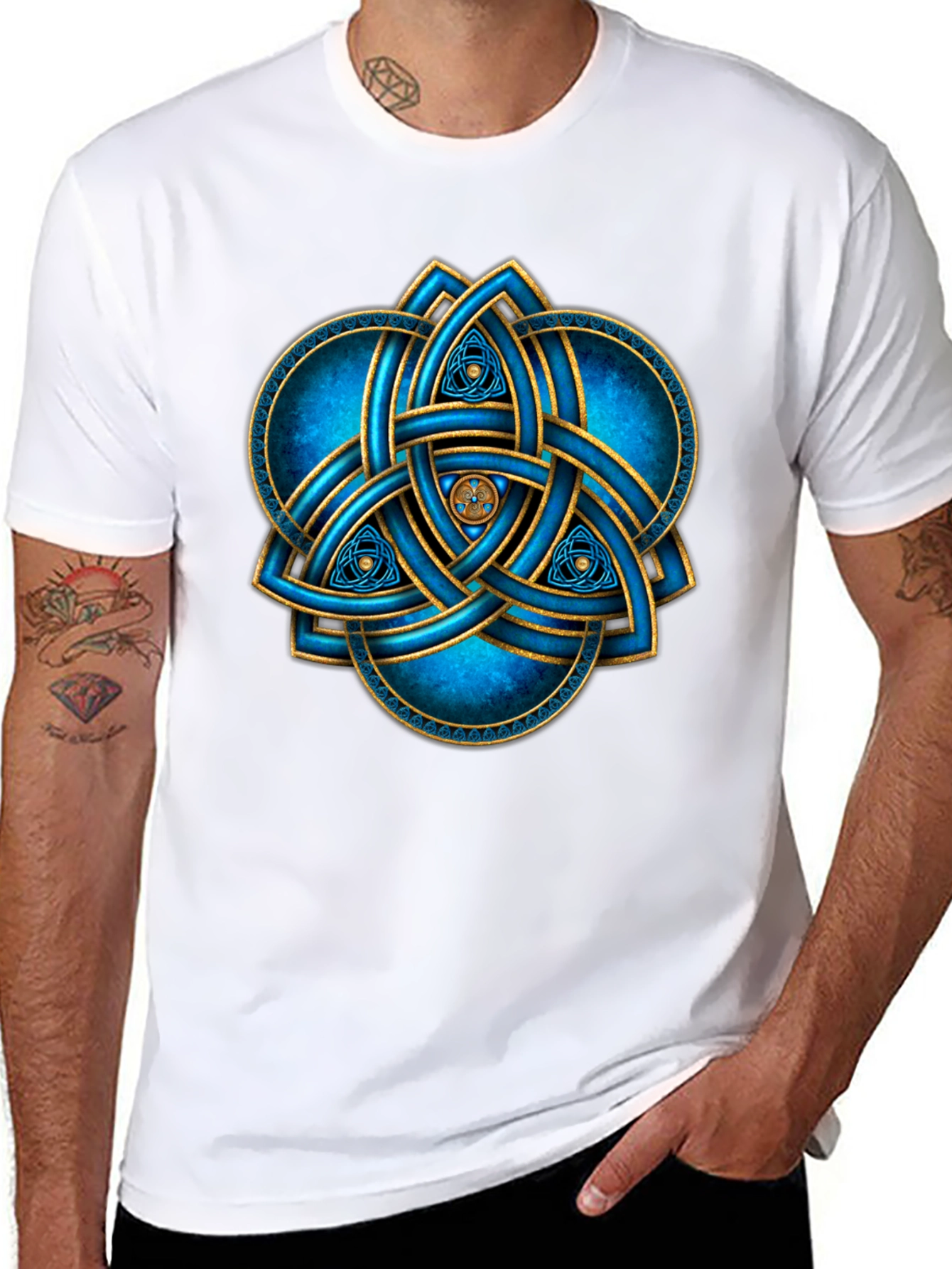 Celtic Knot T-Shirt: Blue & Gold Trinity Design