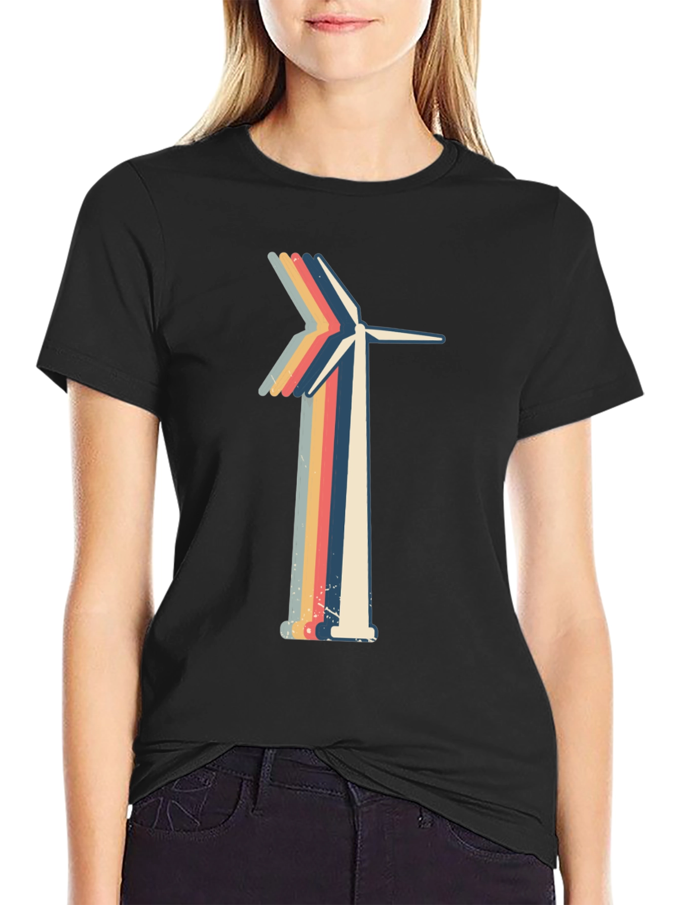 Retro Wind Turbine Graphic Tee - Black